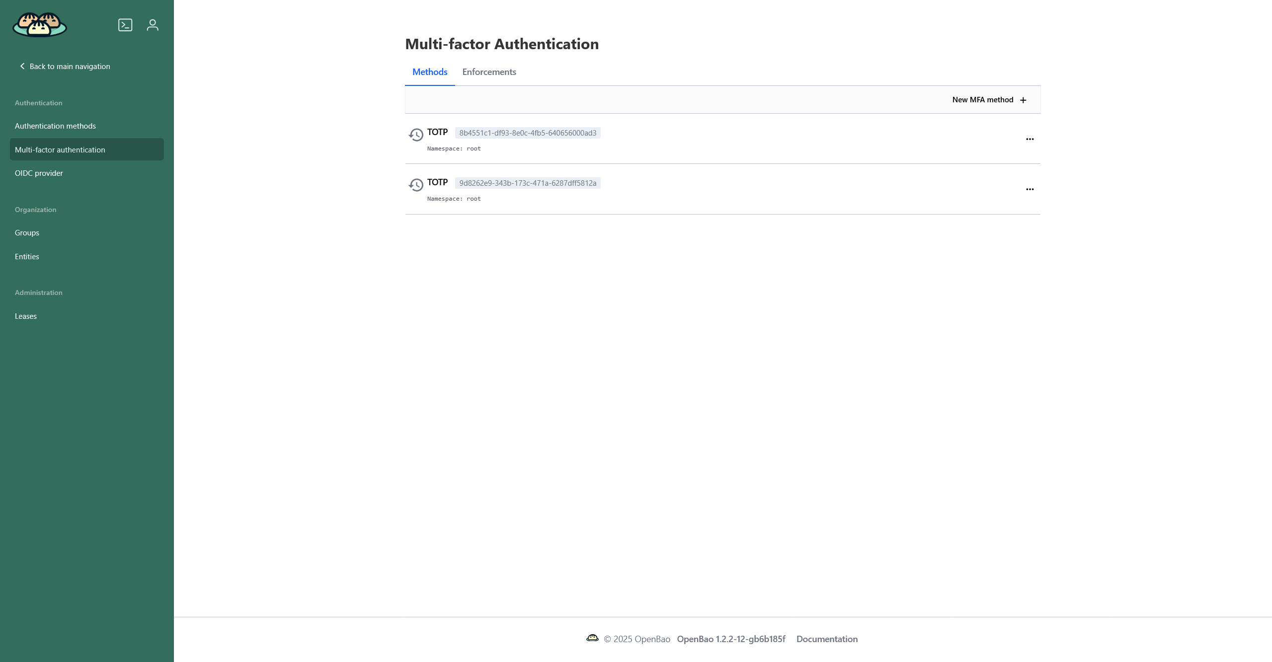 Multi-factor authentication page with two configured TOTP methods