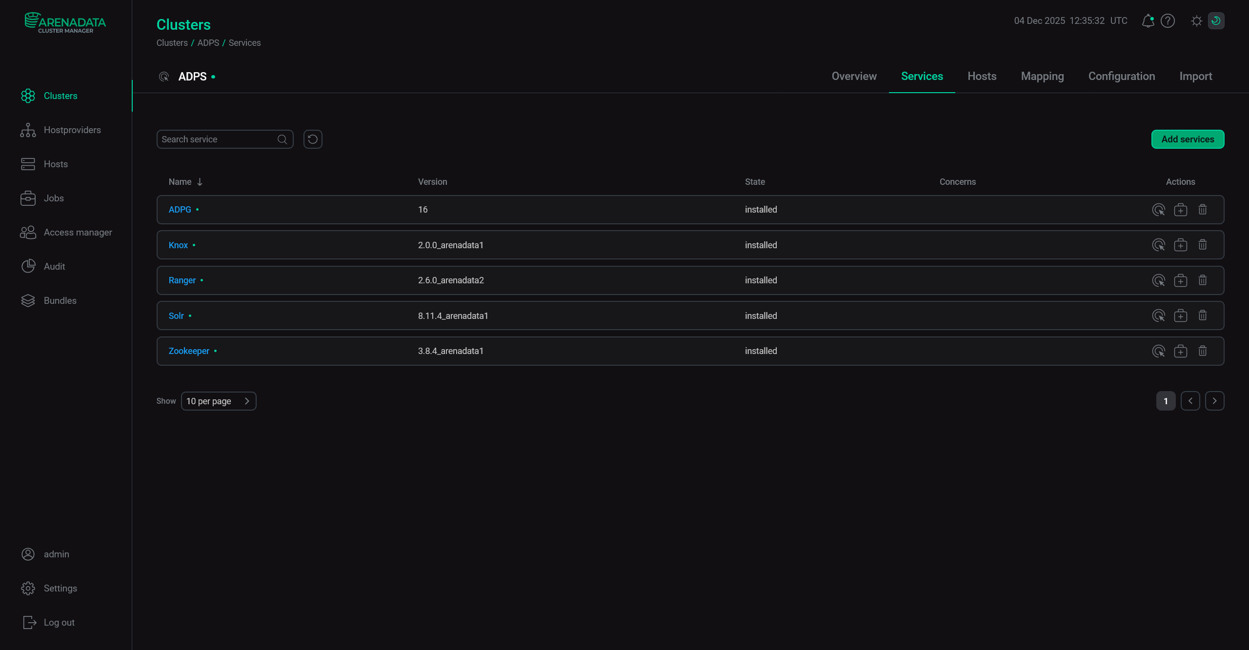 ADPS cluster services in the ADCM interface