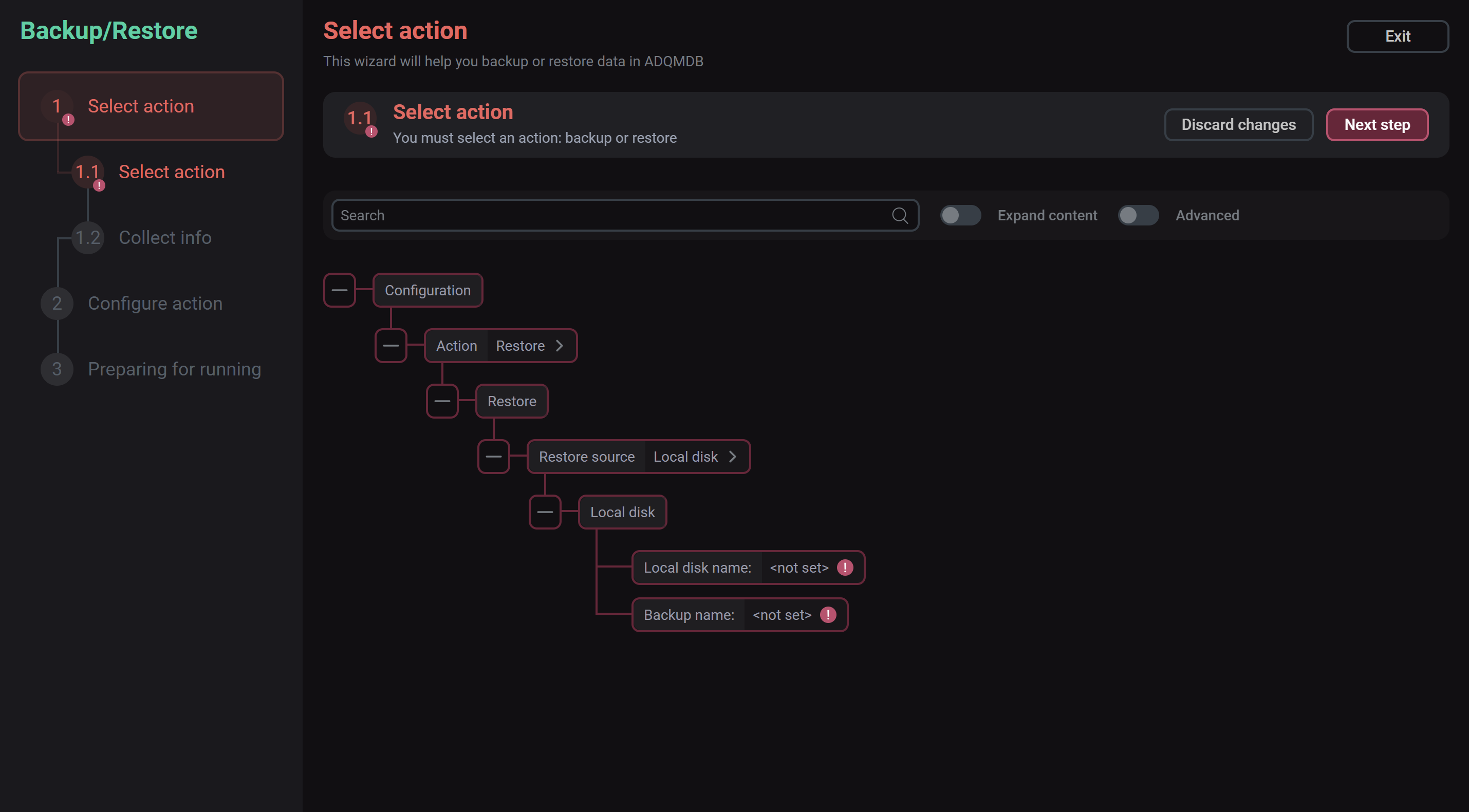 Select the action to restore data