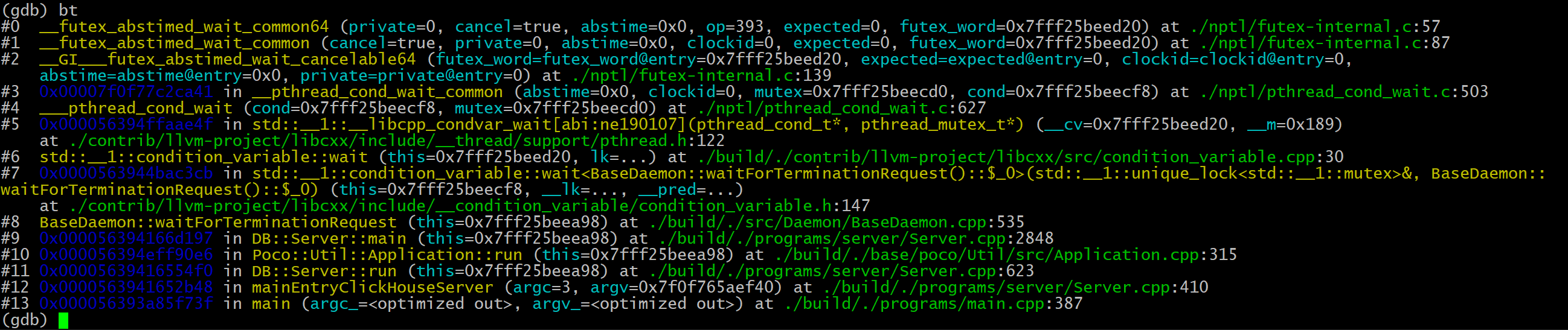 Example of a stack backtrace displayed in the gdb debugger