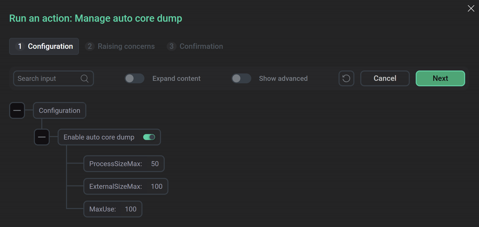 The Manage auto core dump action configuration