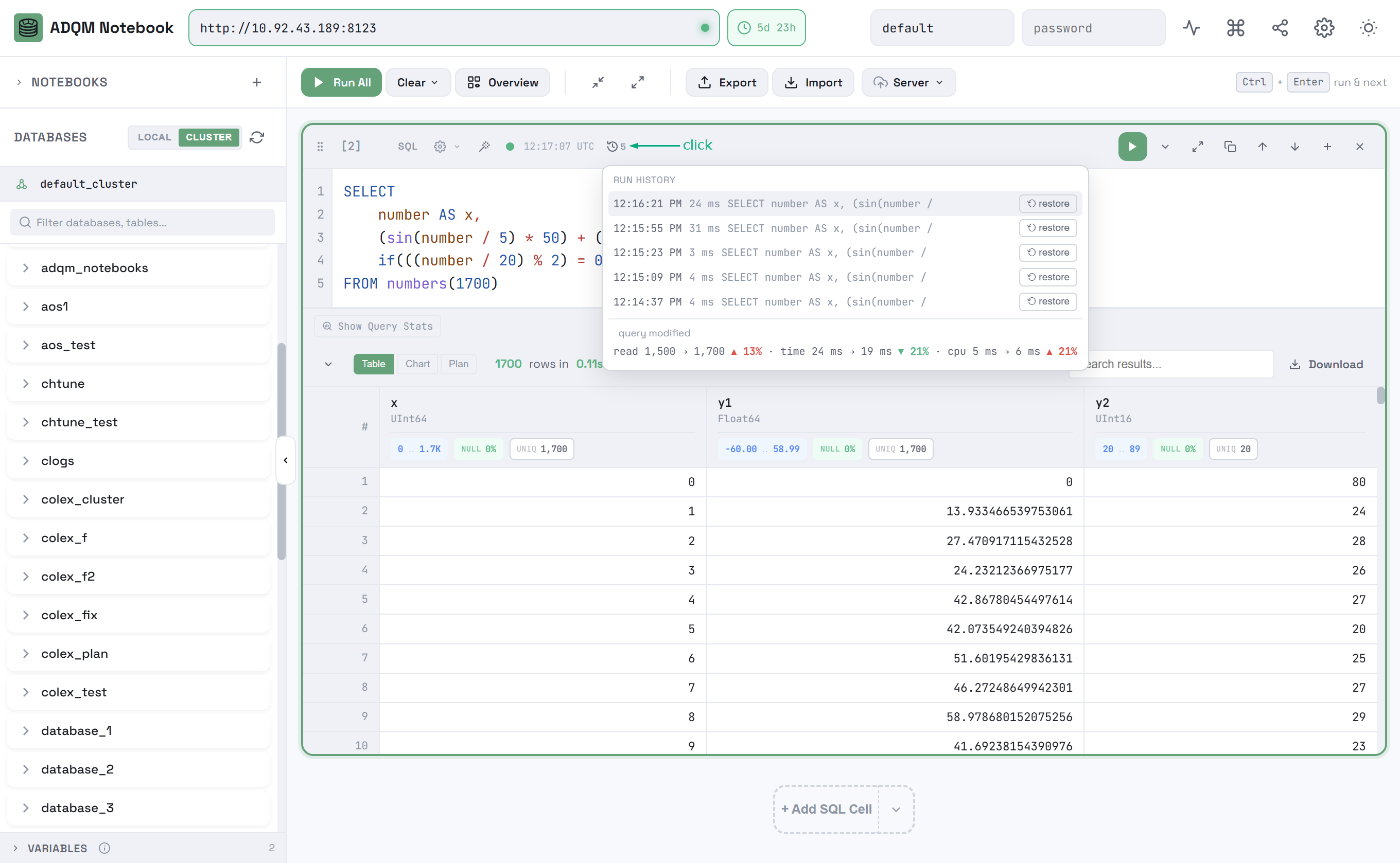 History of query runs in a cell