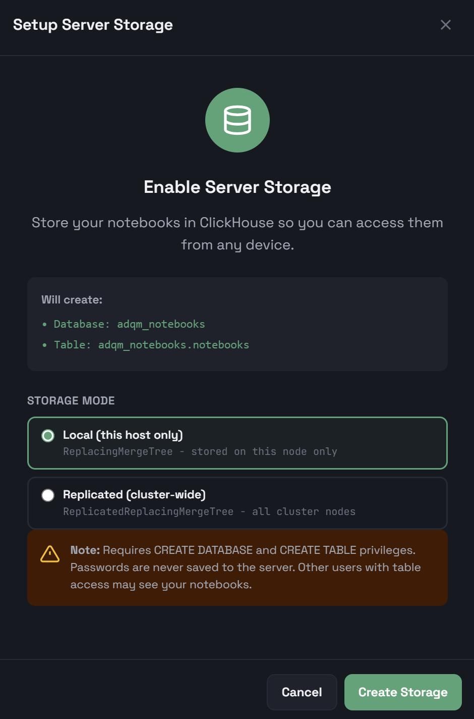 Create a local ADQM table to store notebooks