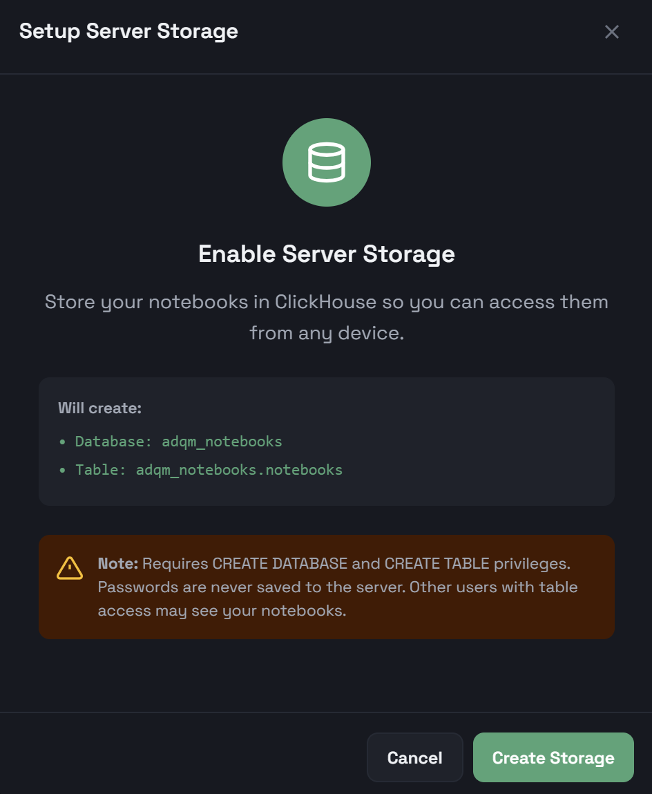 Prepare an ADQM table for storing notebooks