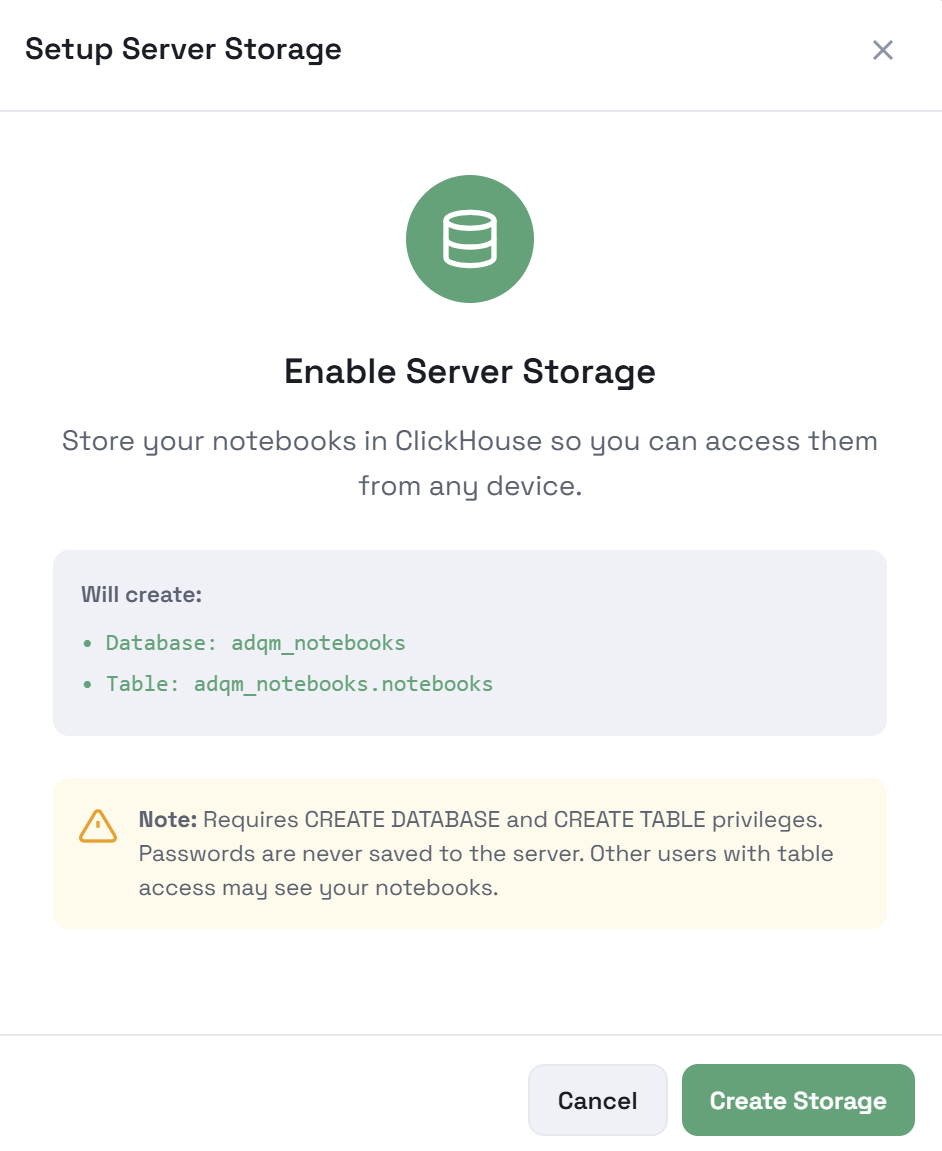 Prepare an ADQM table for storing notebooks