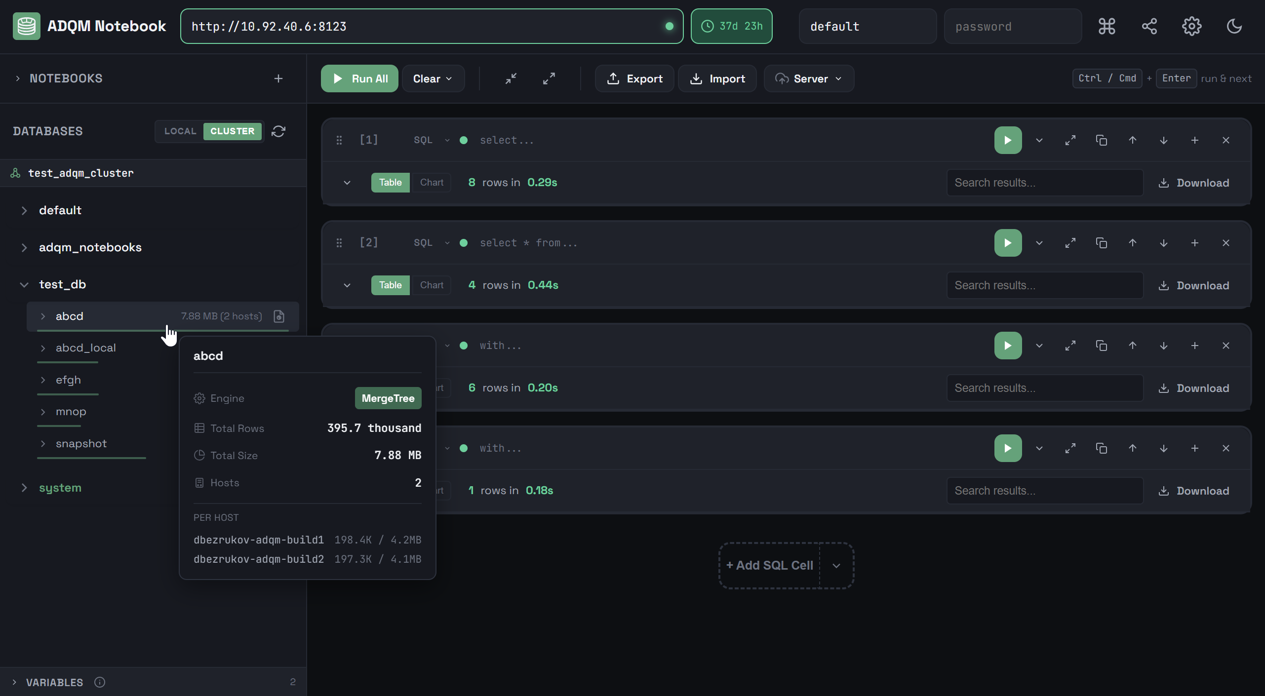 General information about a table on the CLUSTER tab