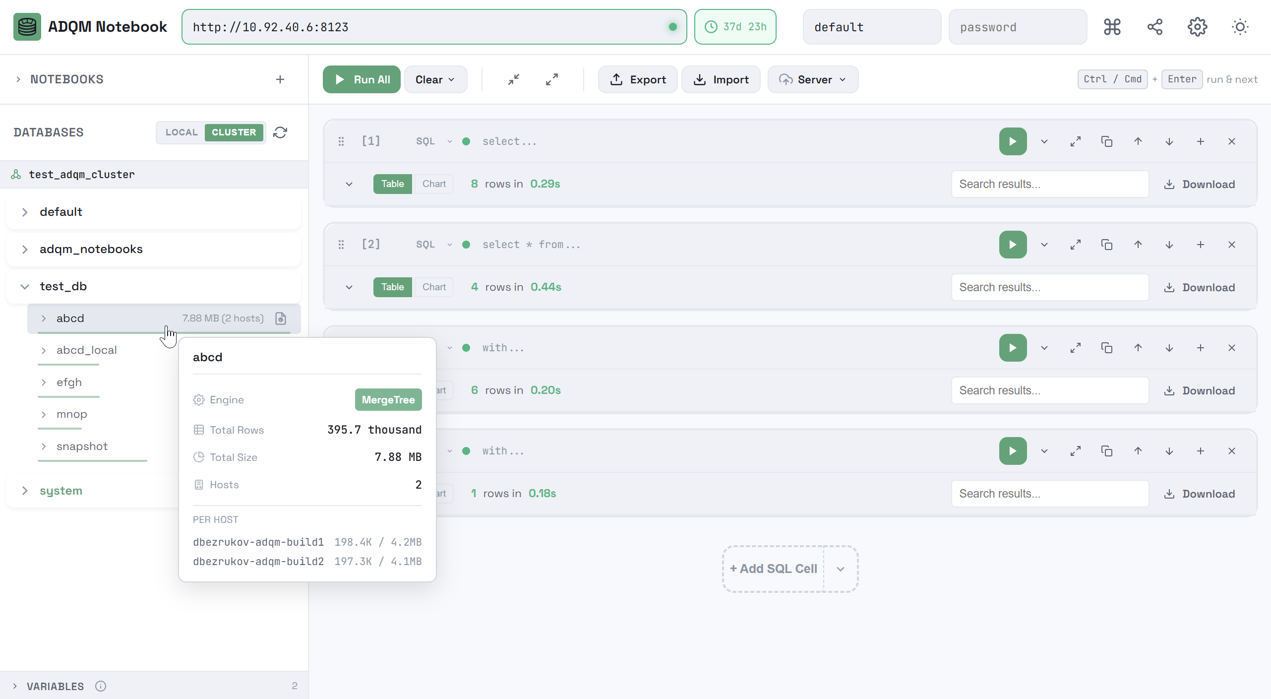 General information about a table on the CLUSTER tab