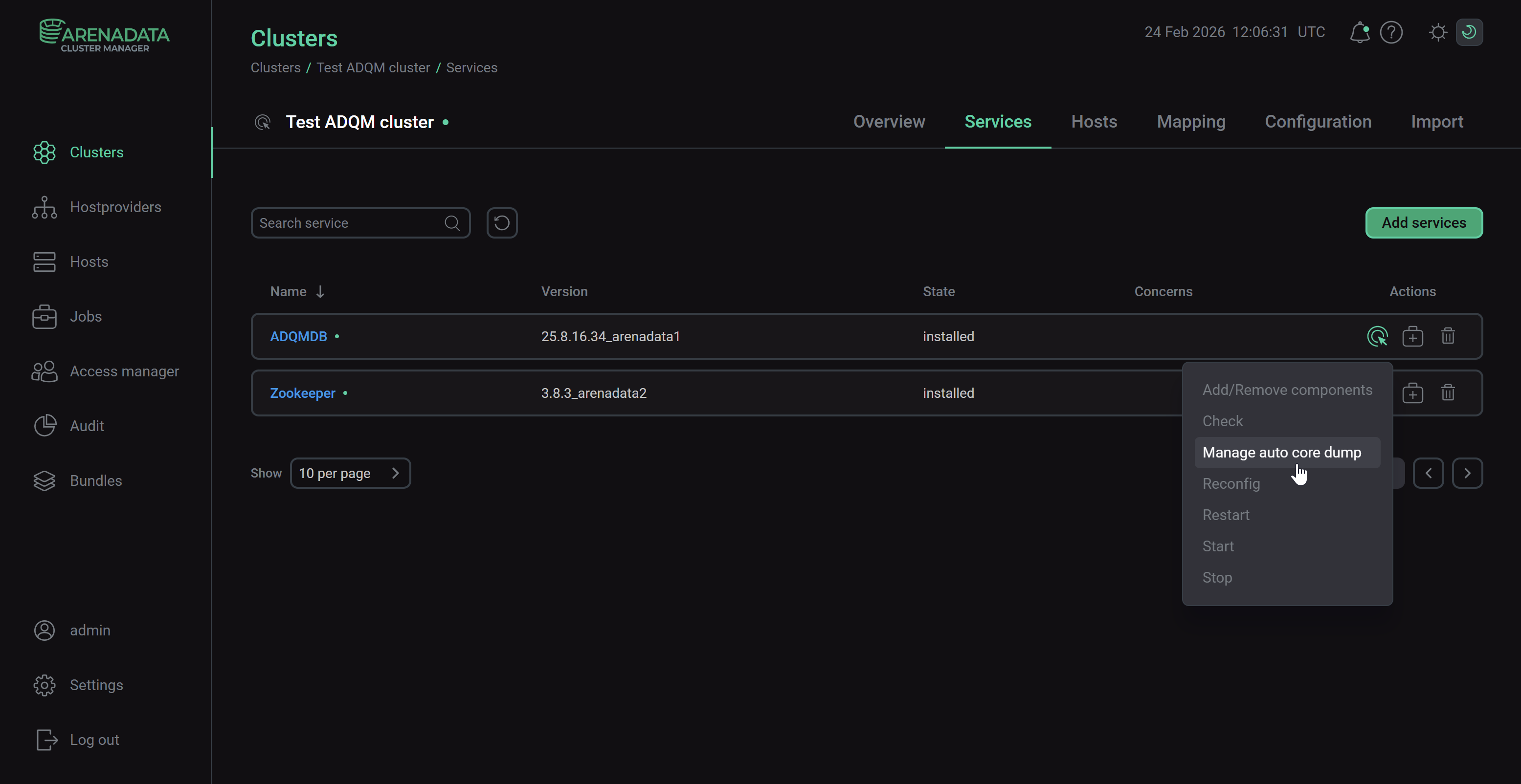 Run the Manage auto core dump action