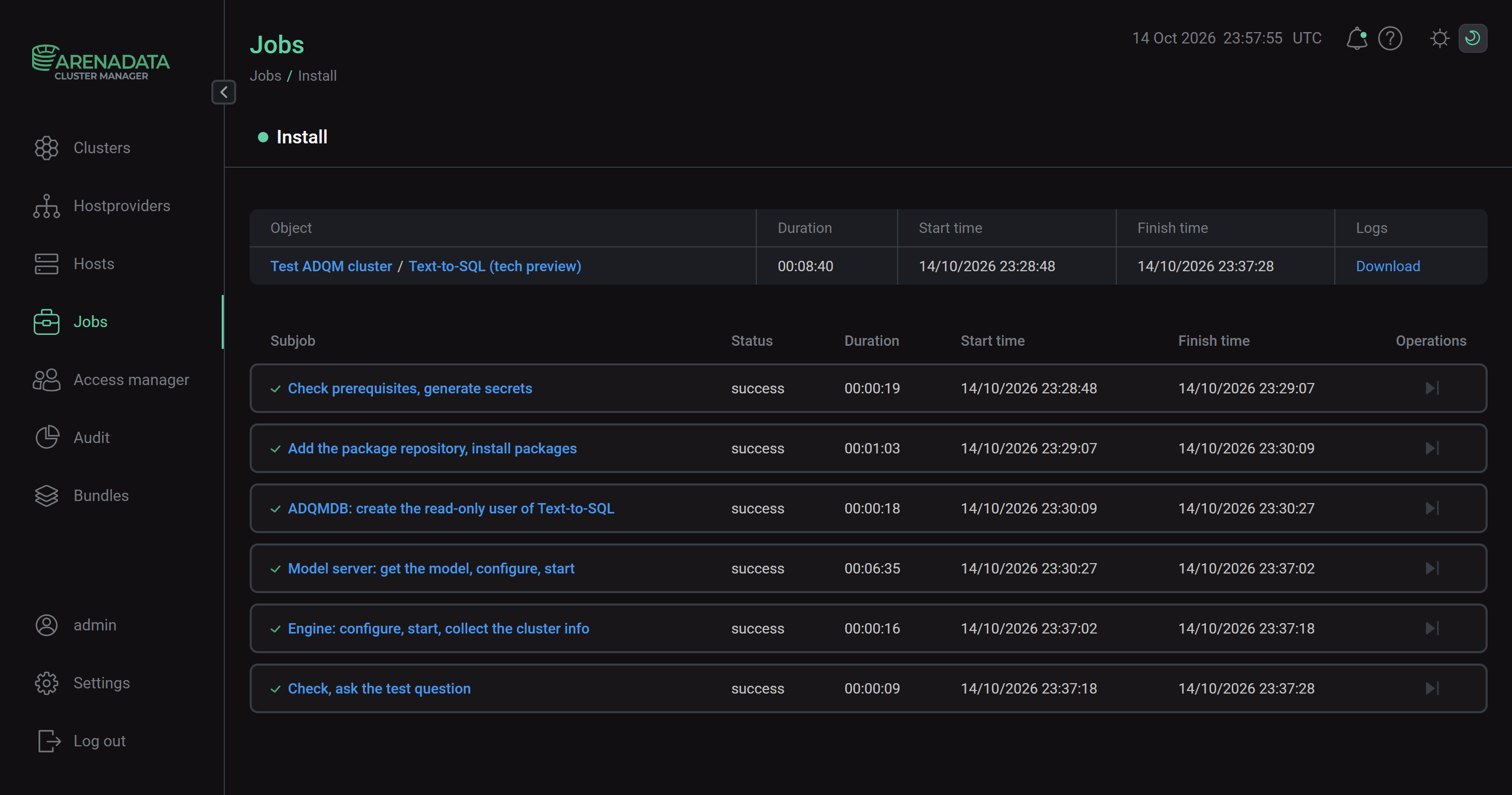 Install service job page