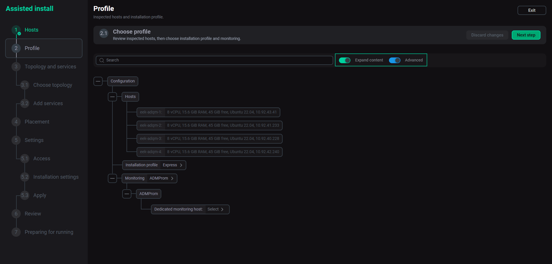 The Advanced and Expand content toggles