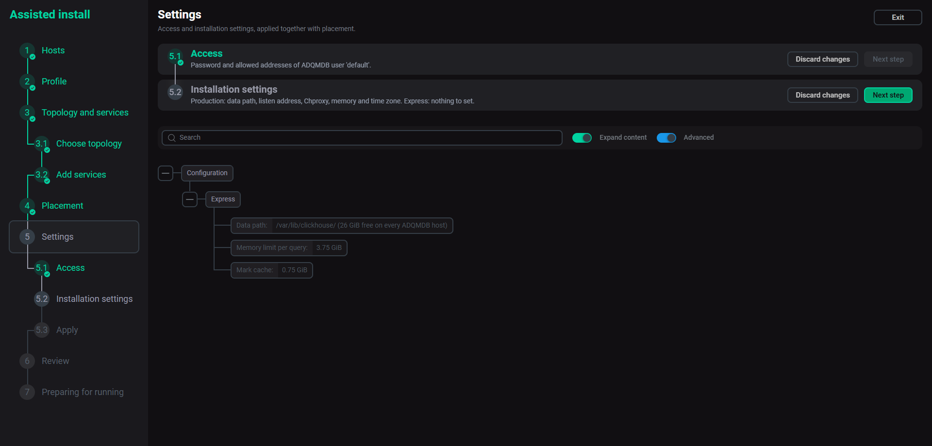 The Installation settings step for the Express profile