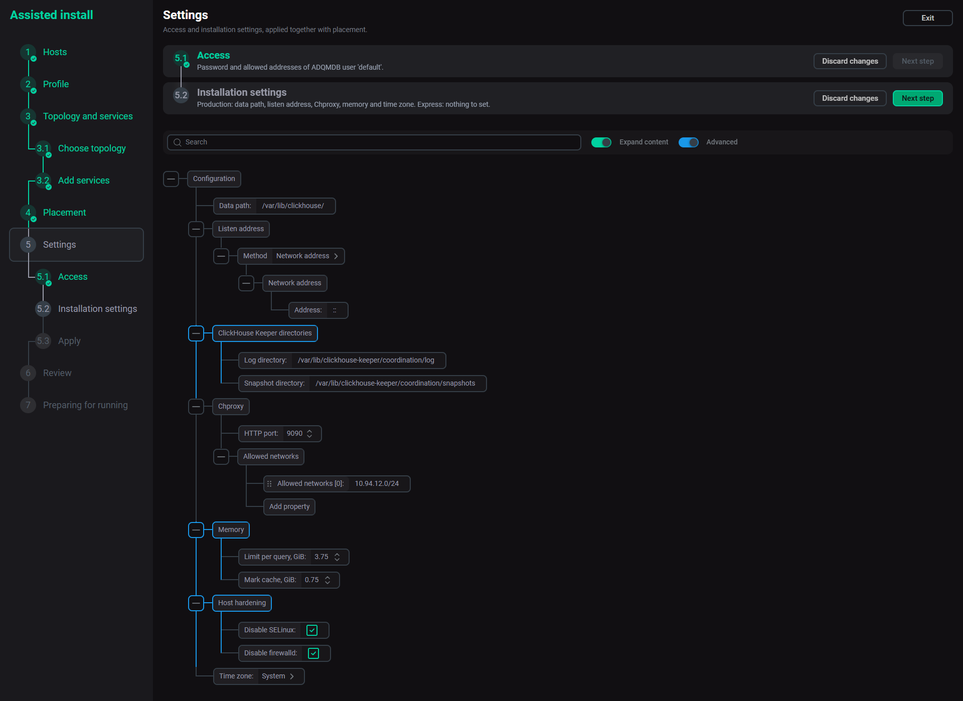 The Installation settings step for the Production profile
