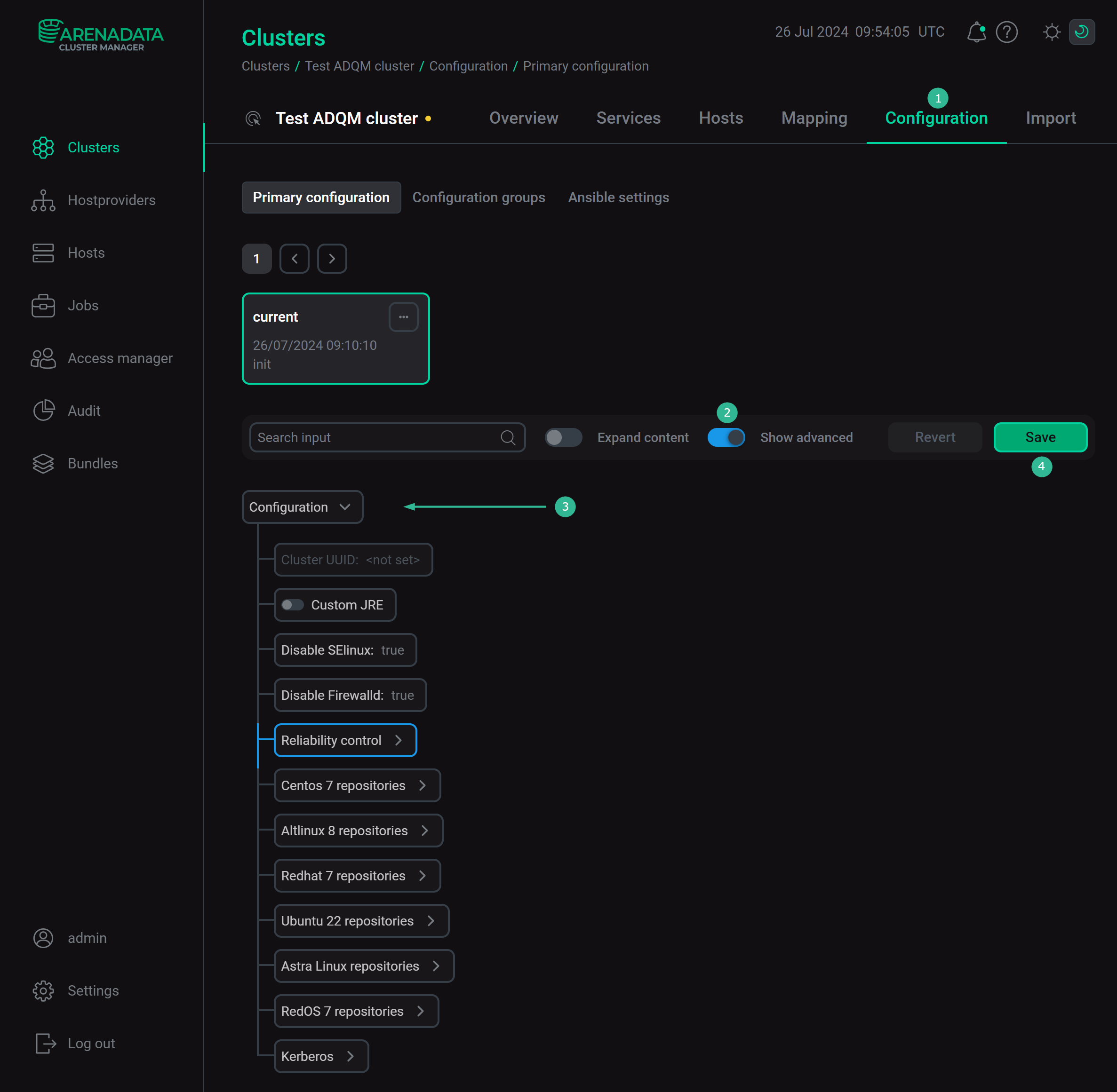 Cluster configuration window