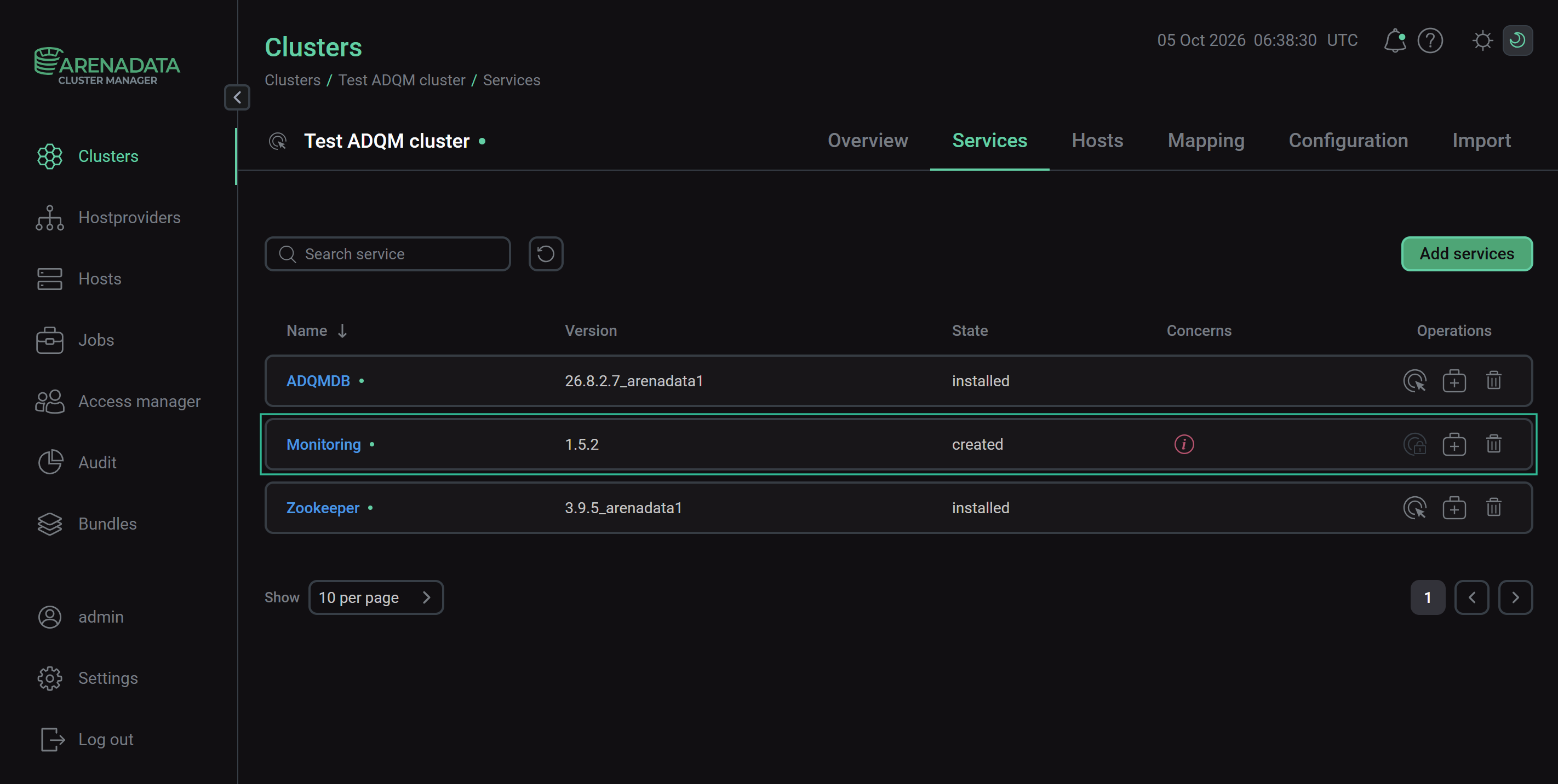 Result of successful adding the service to the cluster