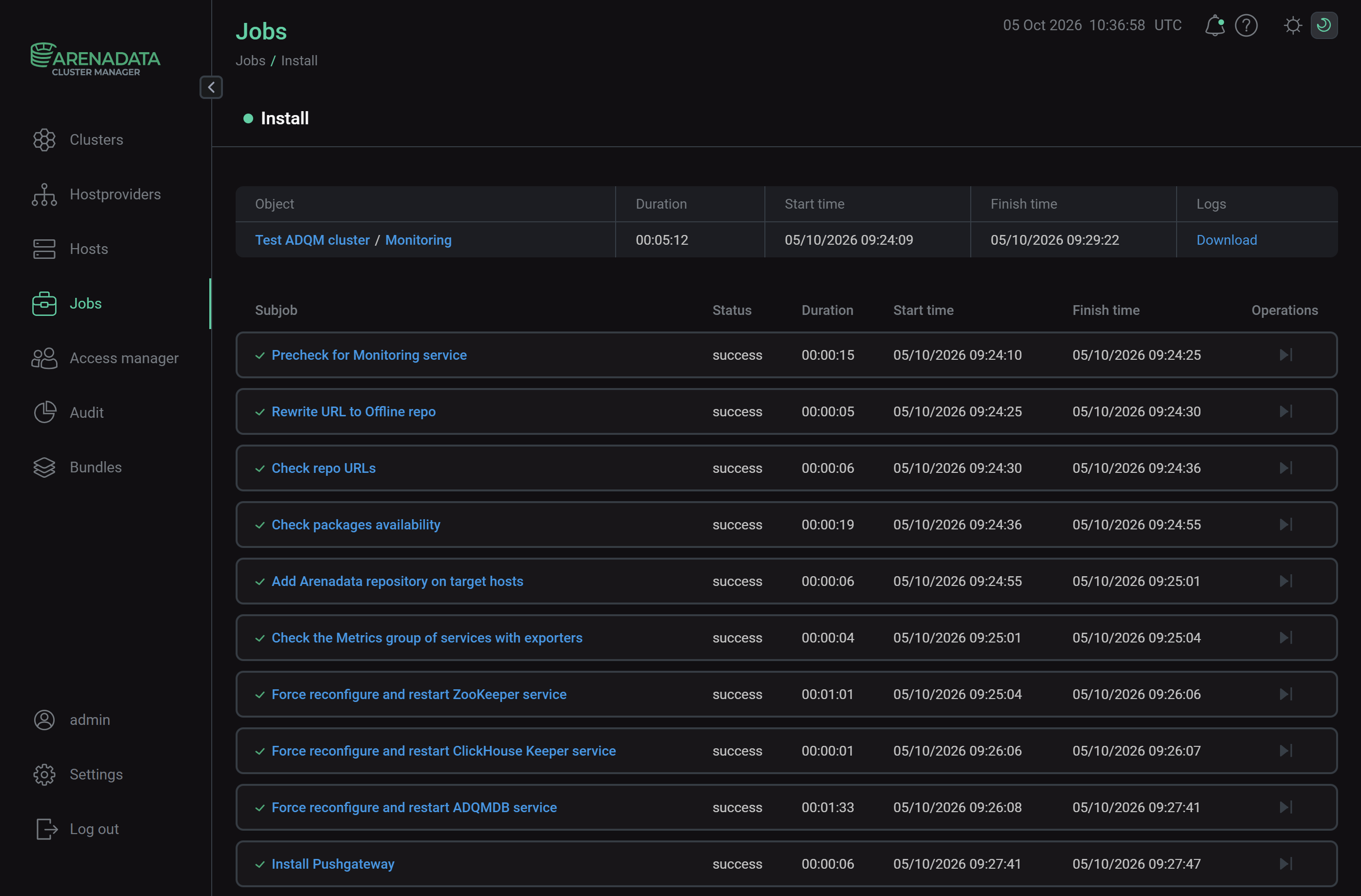 Install service job page