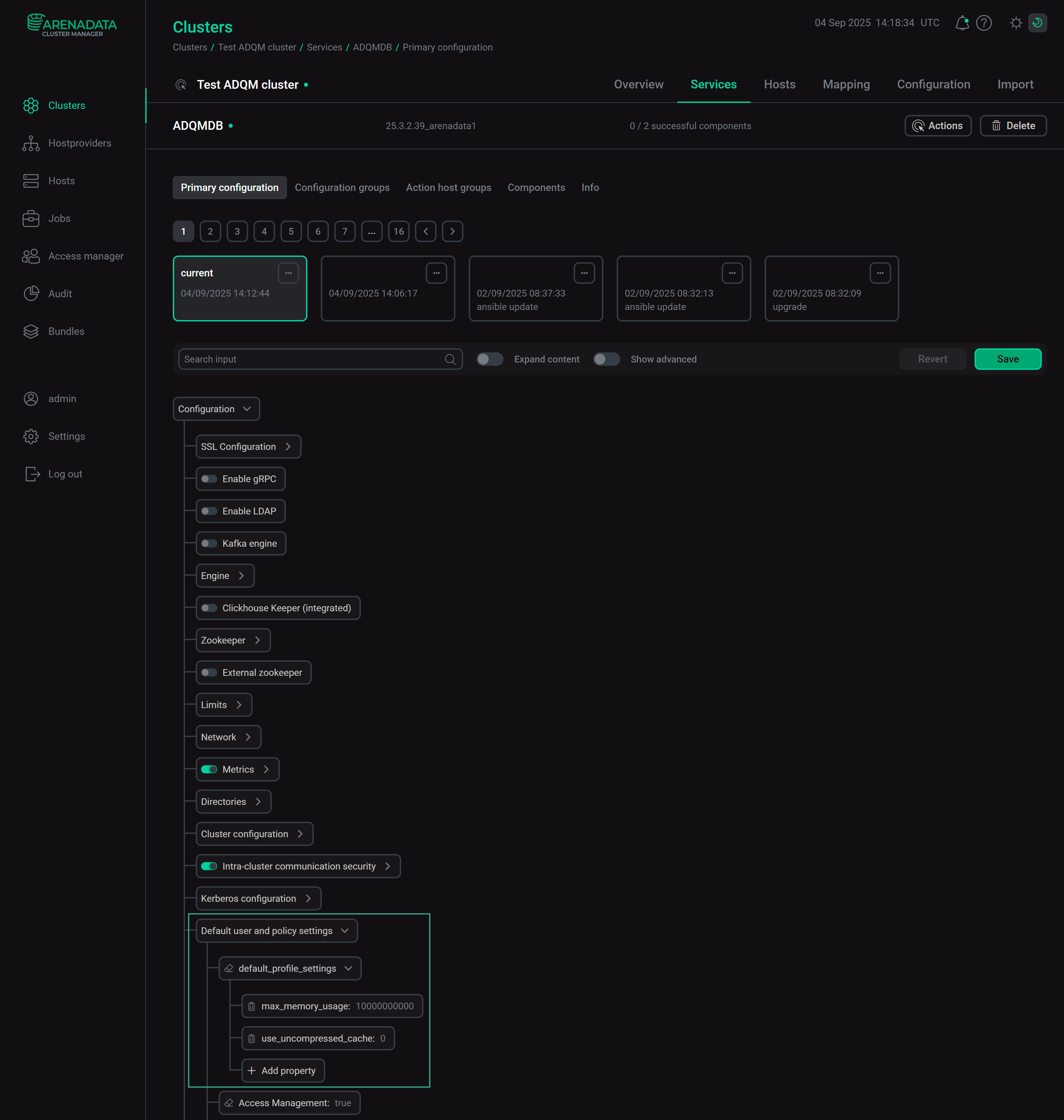 Manage settings for the default ADQM user via ADCM