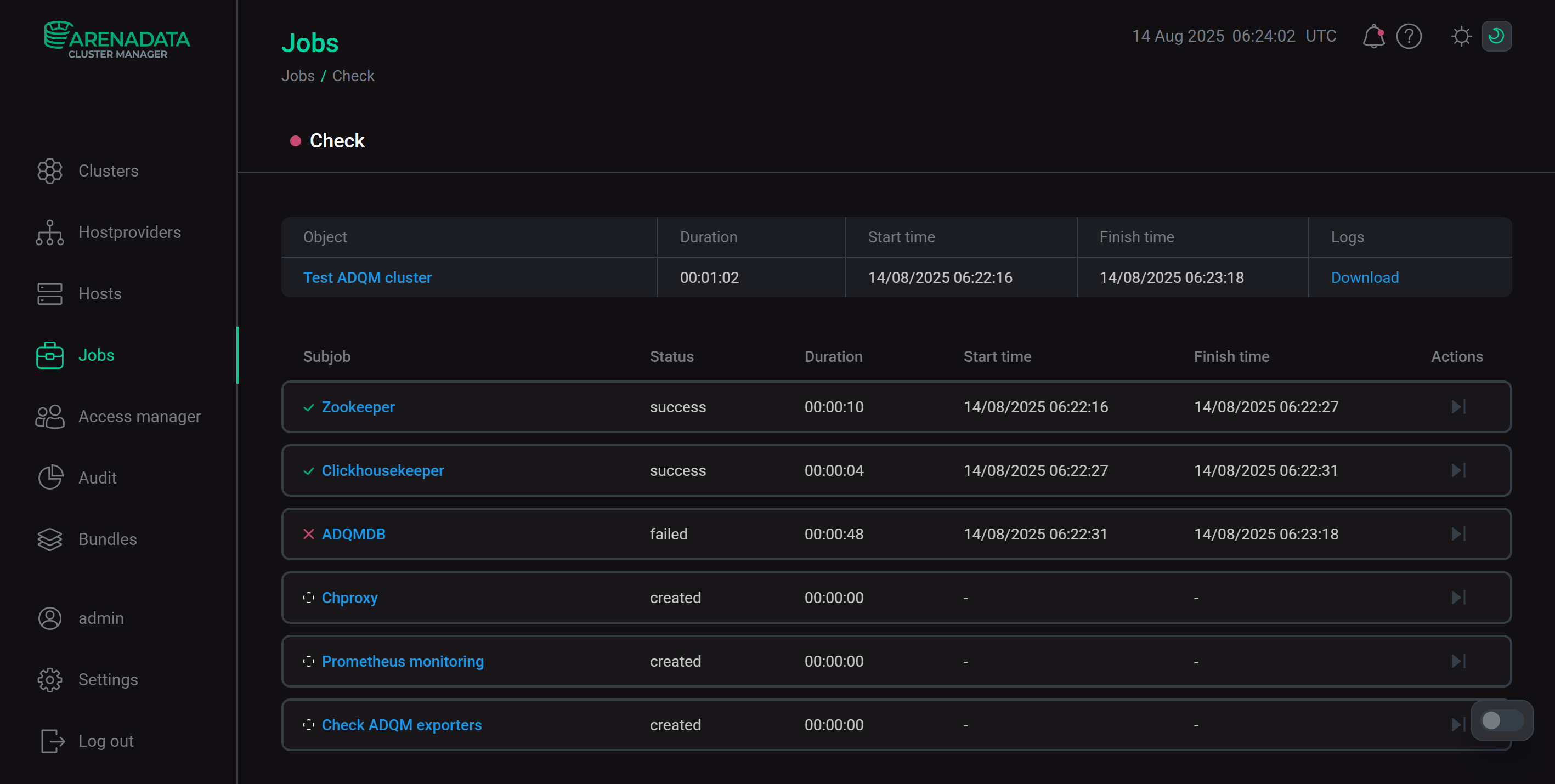 Result of the Check cluster action