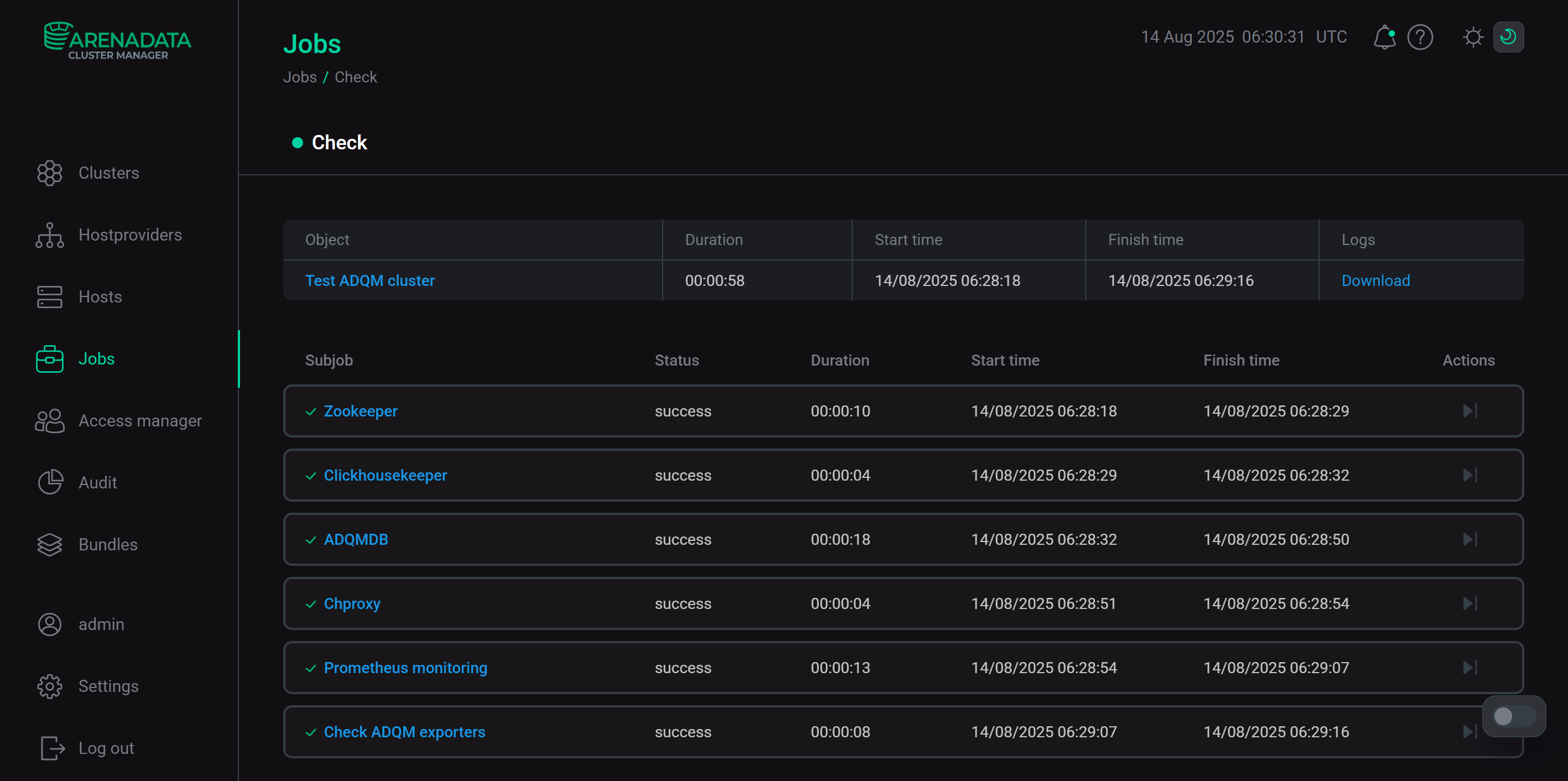 Successful execution of the Check action for the cluster