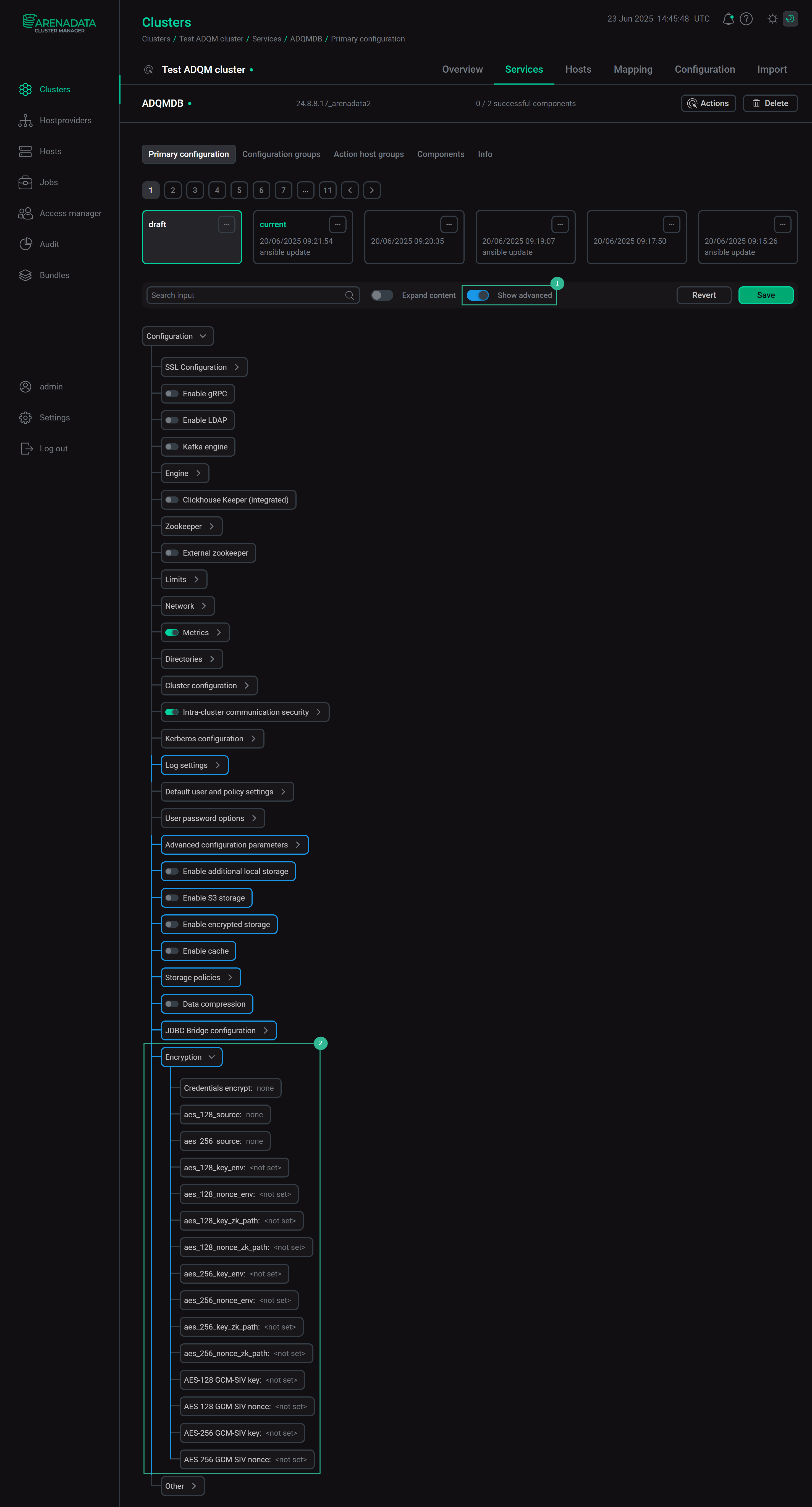 Configuration of encryption algorithms