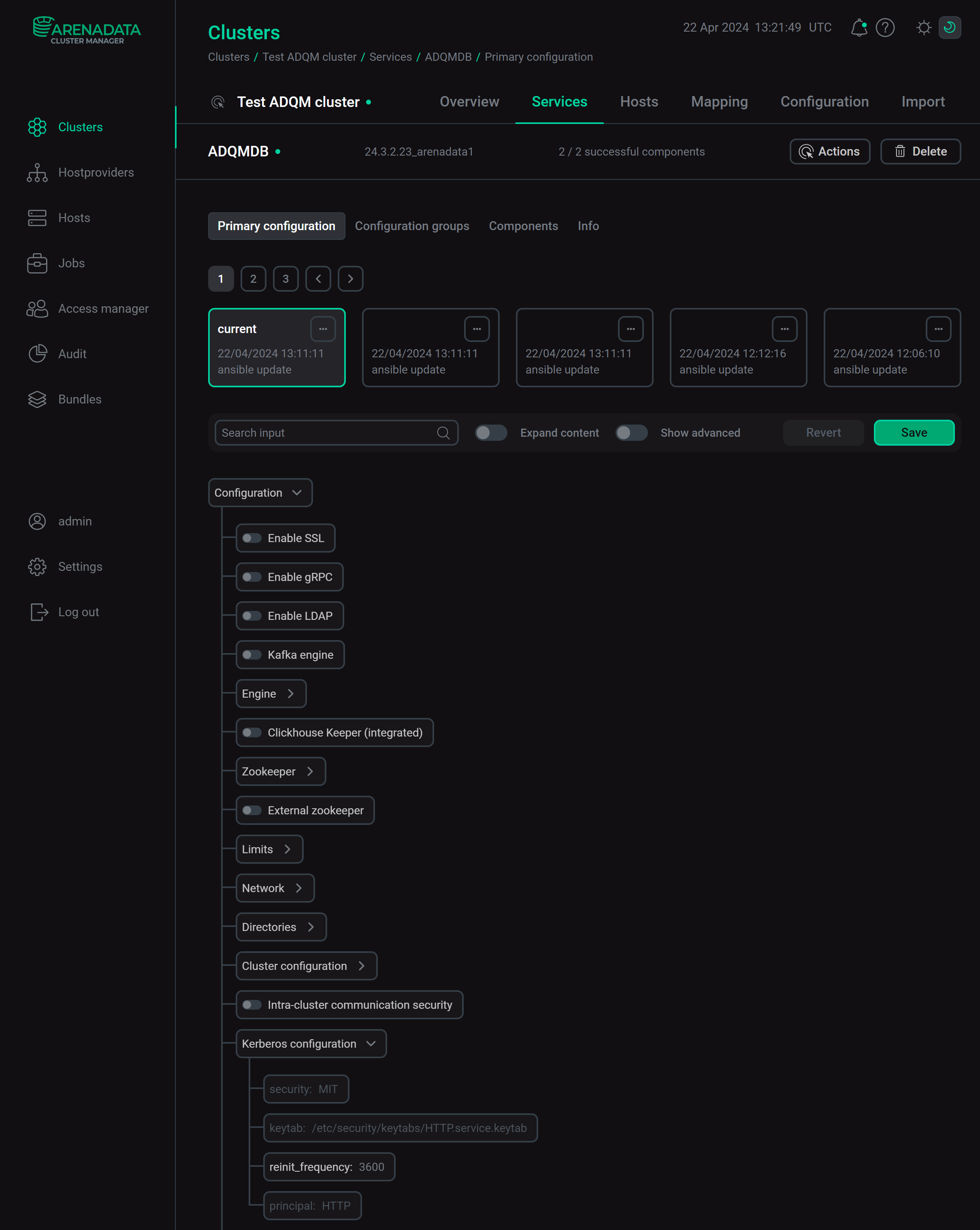 Kerberos settings in the ADQMDB service configuration