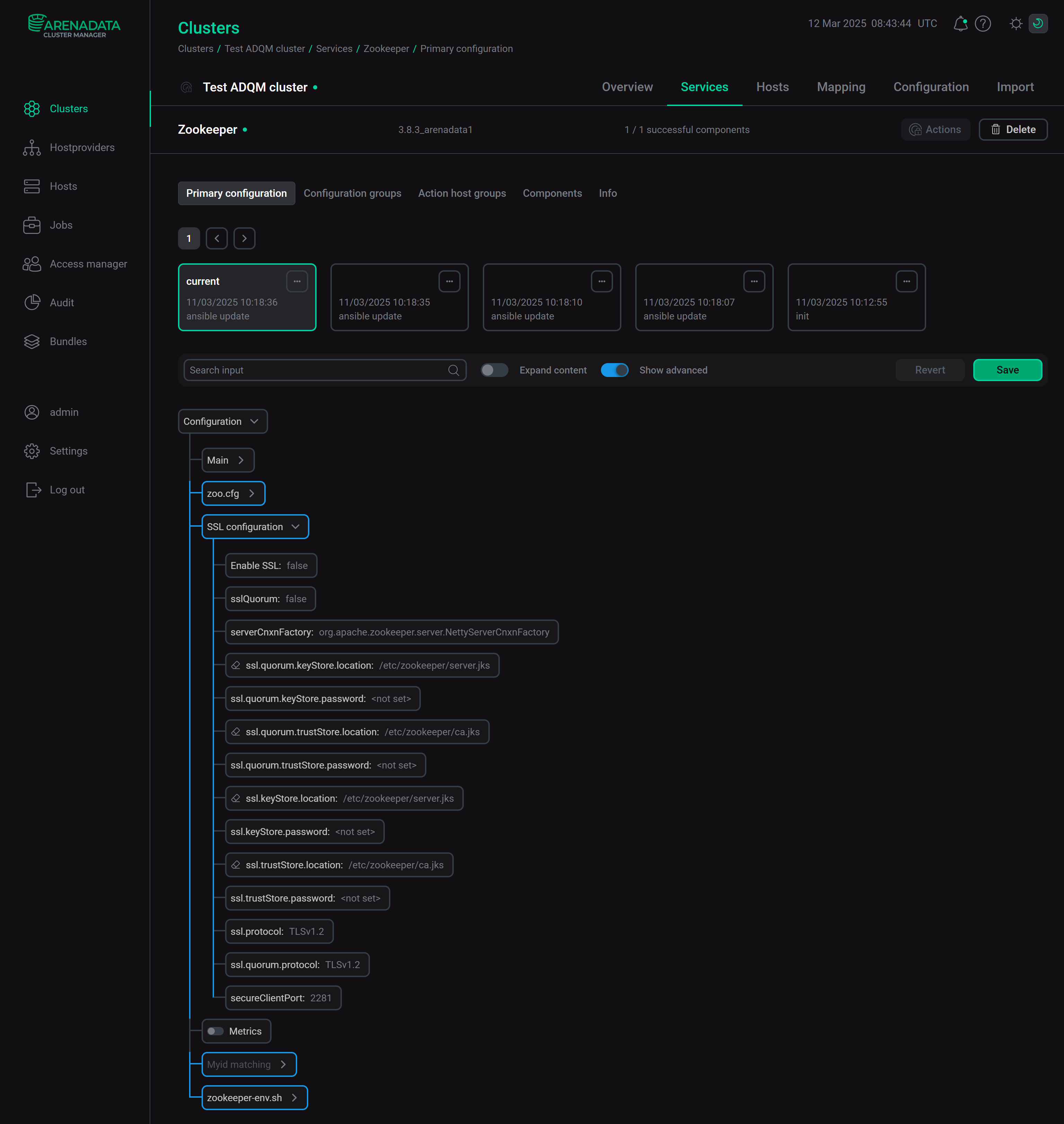Zookeeper service configuration parameters for SSL connections