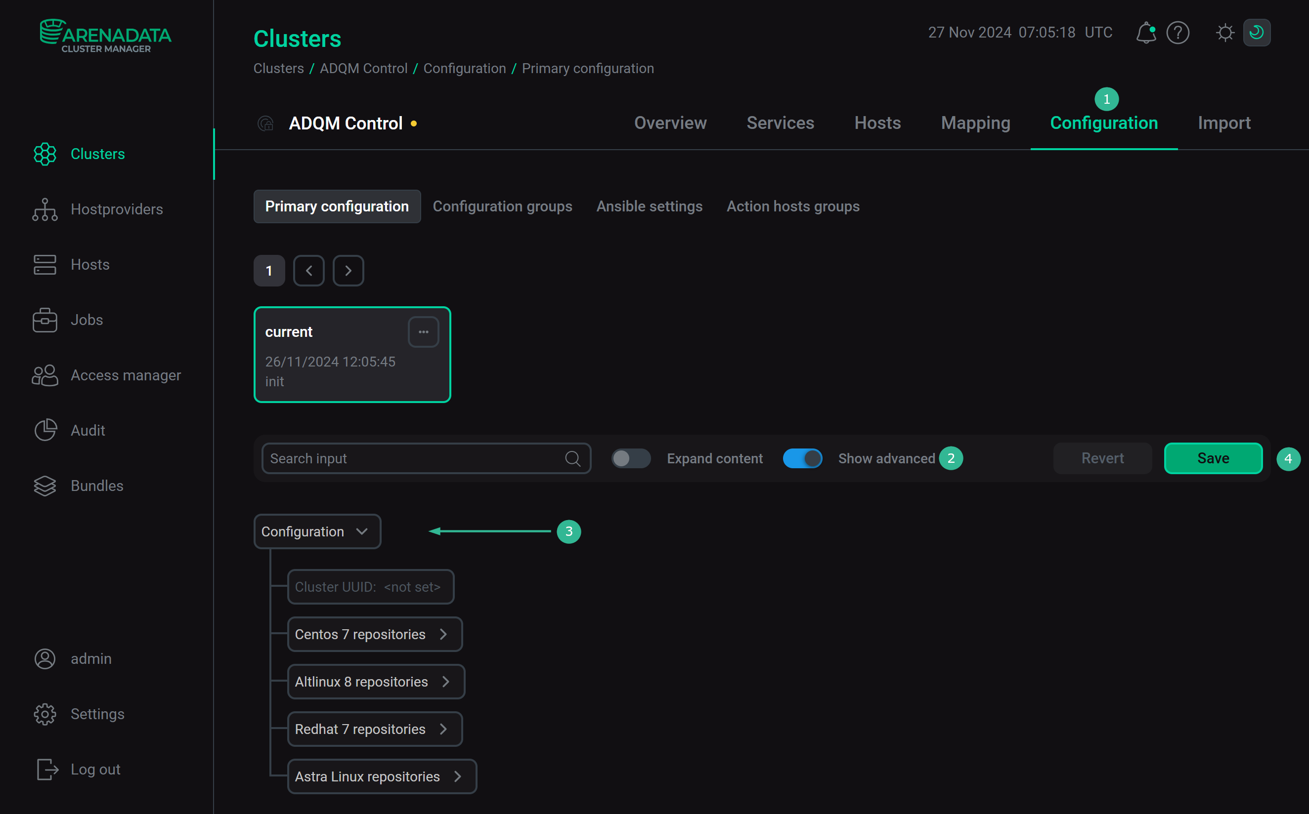 Cluster configuration window