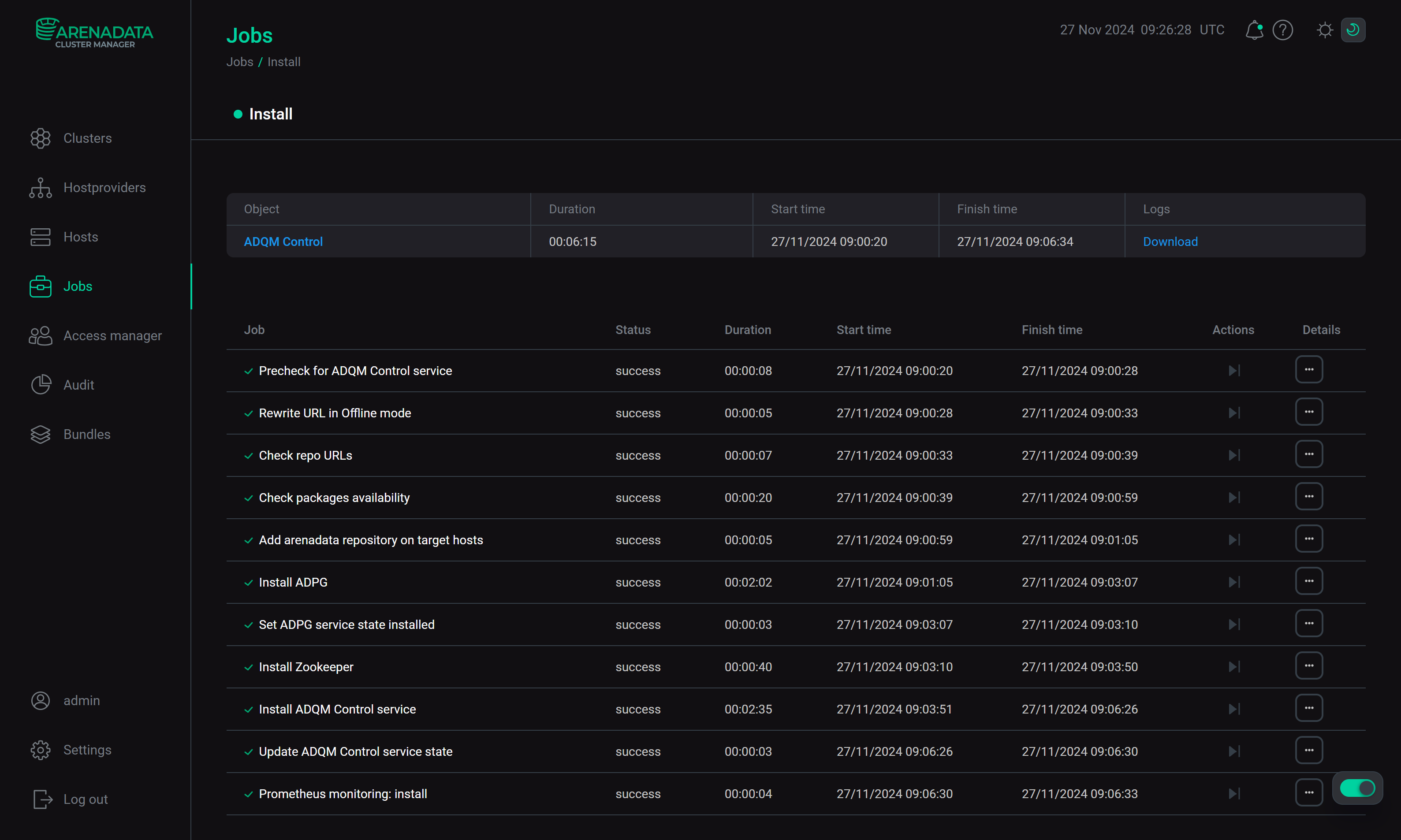 Install cluster job page