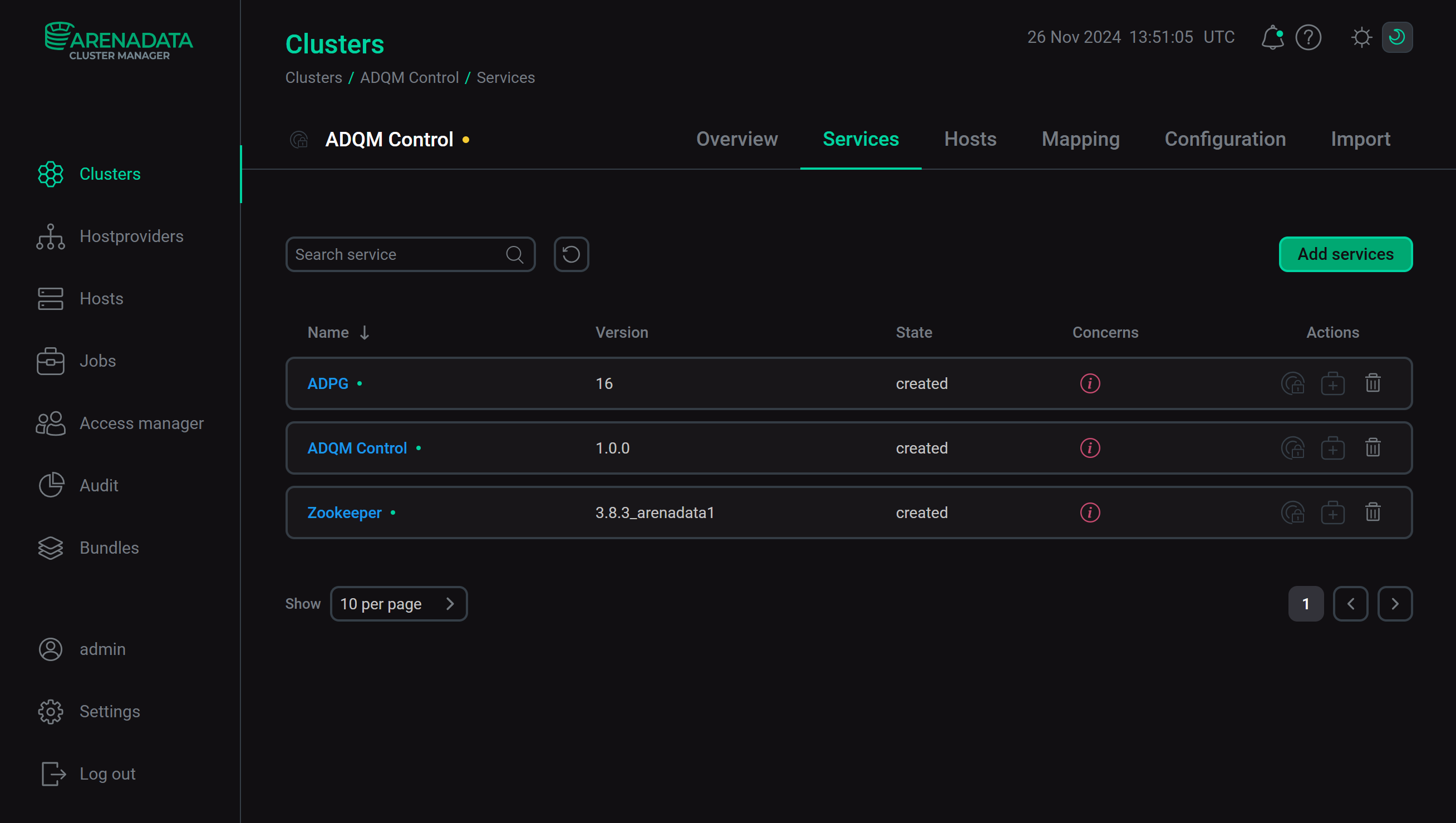 The result of successful adding services to a cluster