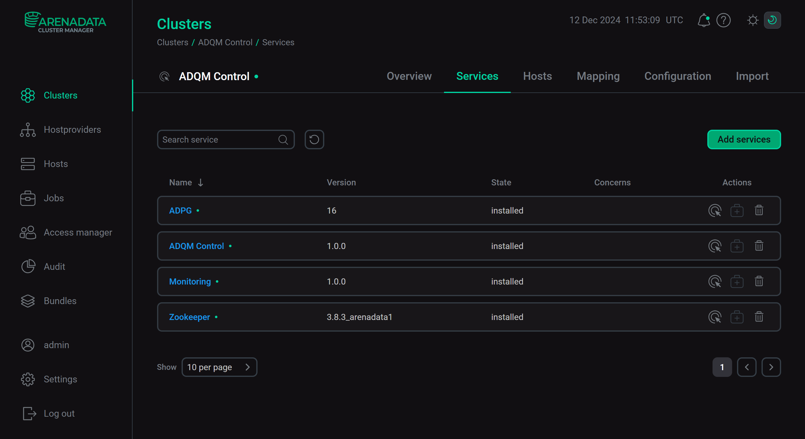 ADQM Control cluster services in the ADCM interface