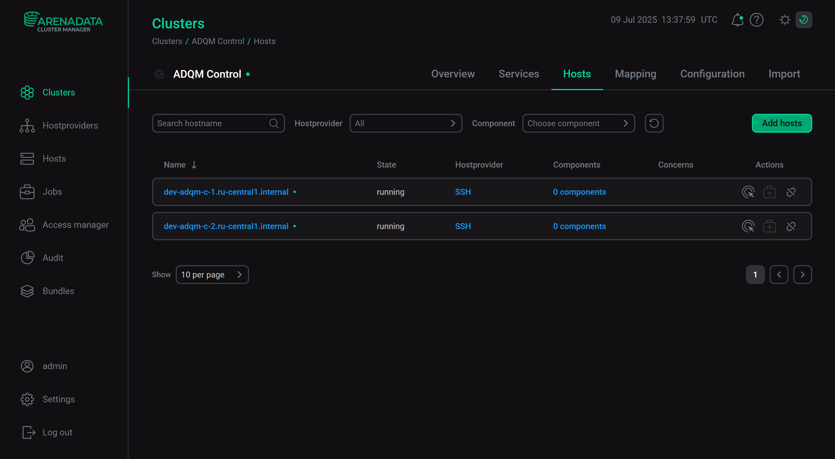 The result of successful adding hosts to a cluster