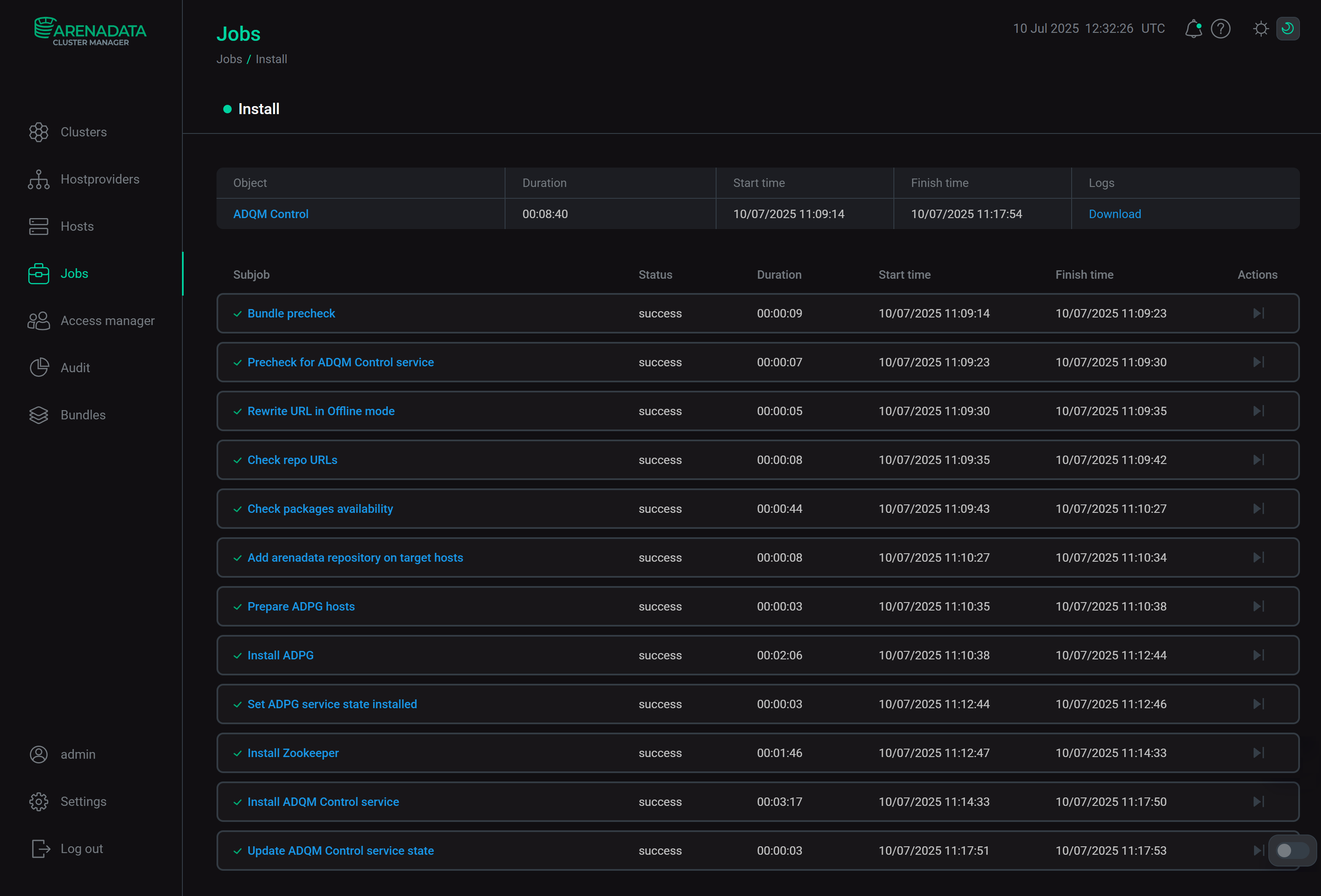 Install cluster job page