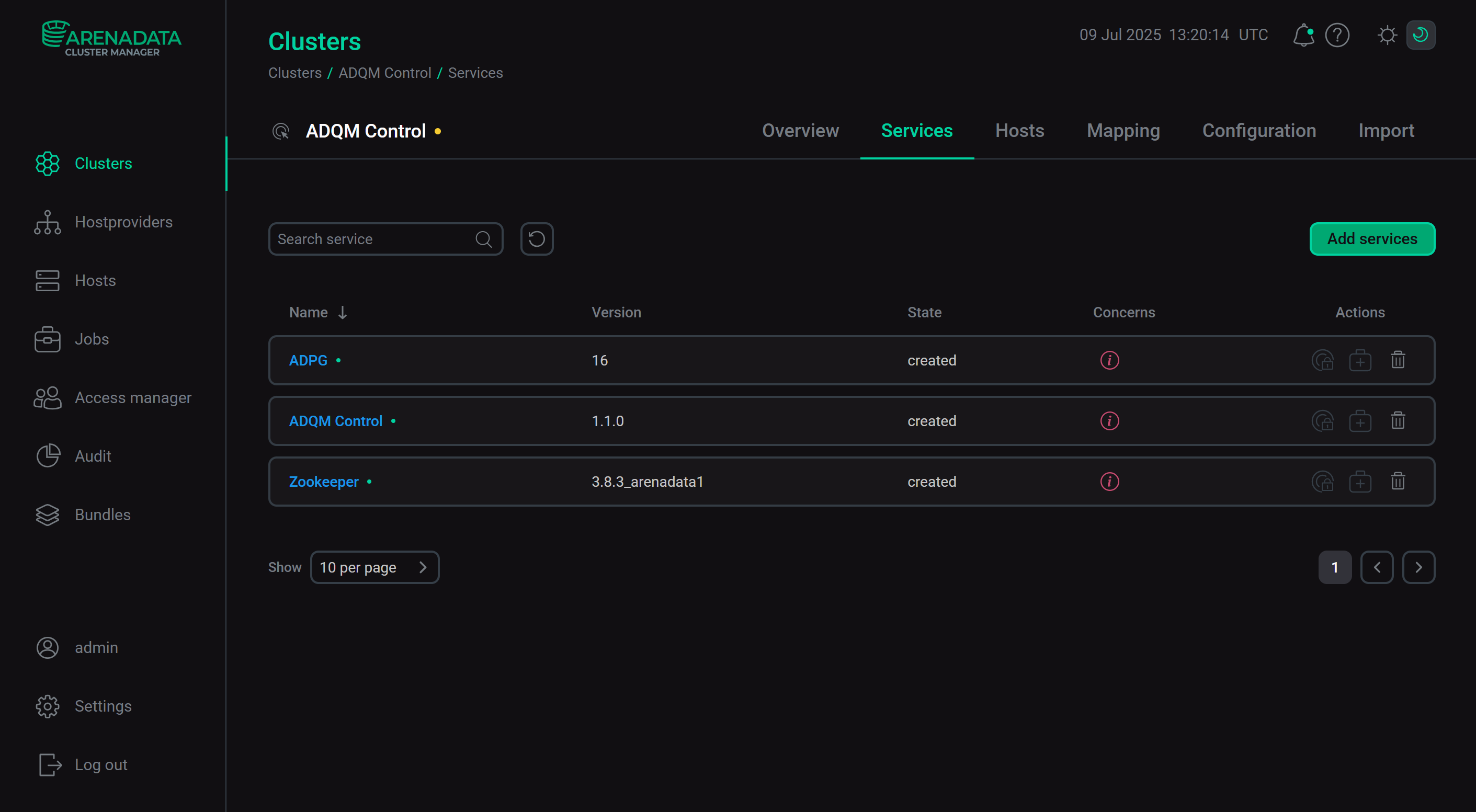 The result of successful adding services to a cluster
