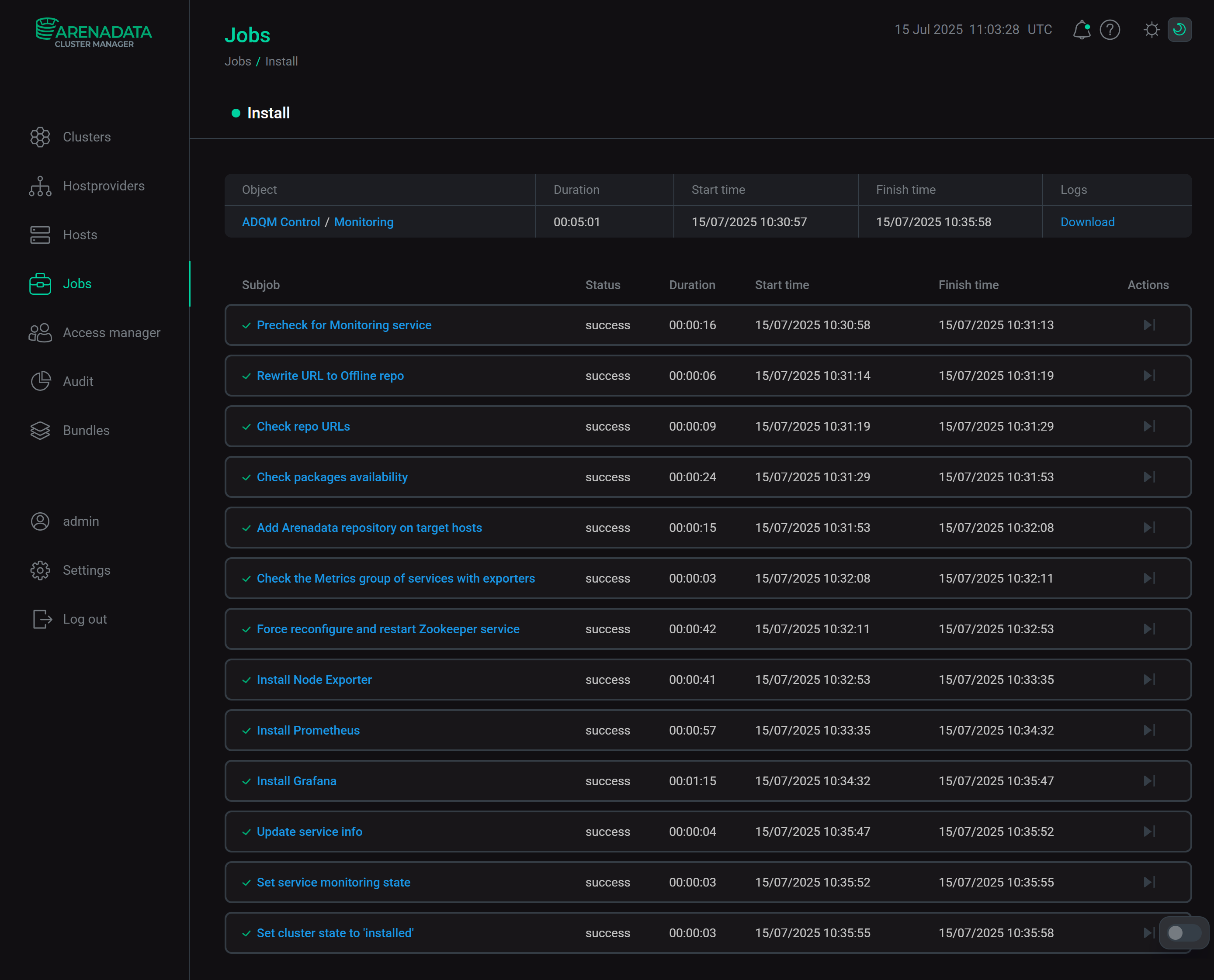 Install service job page