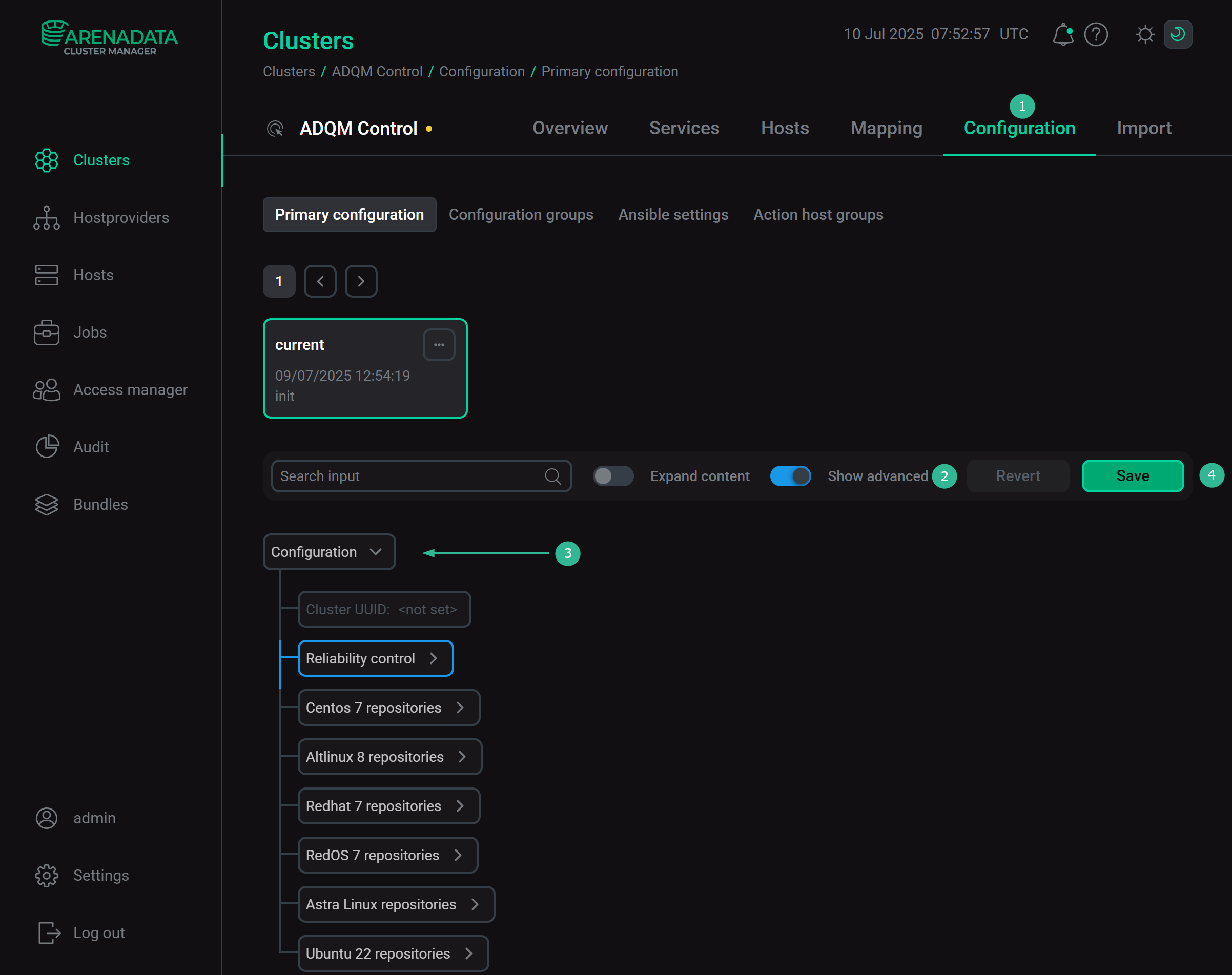 Cluster configuration window