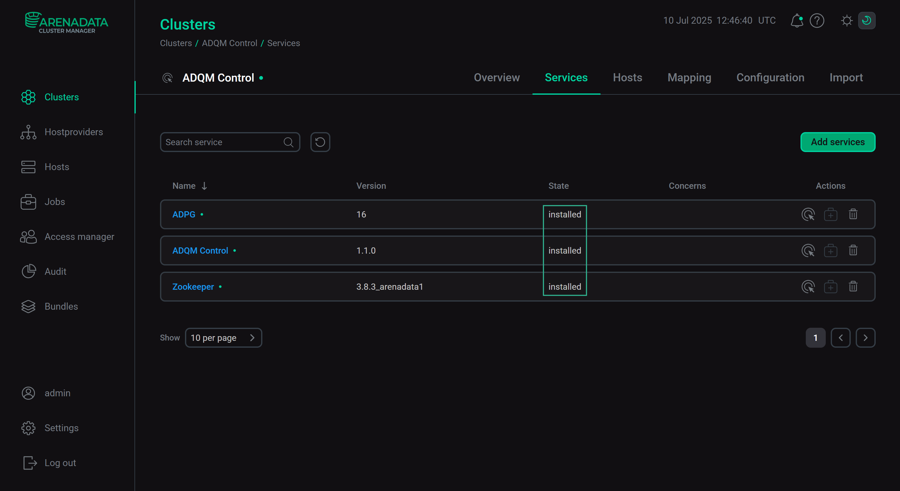 The state of cluster services after successful installation