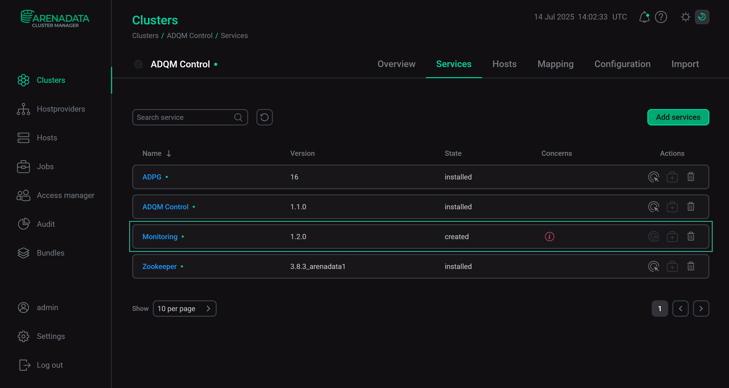 The result of successfully adding the service to the cluster