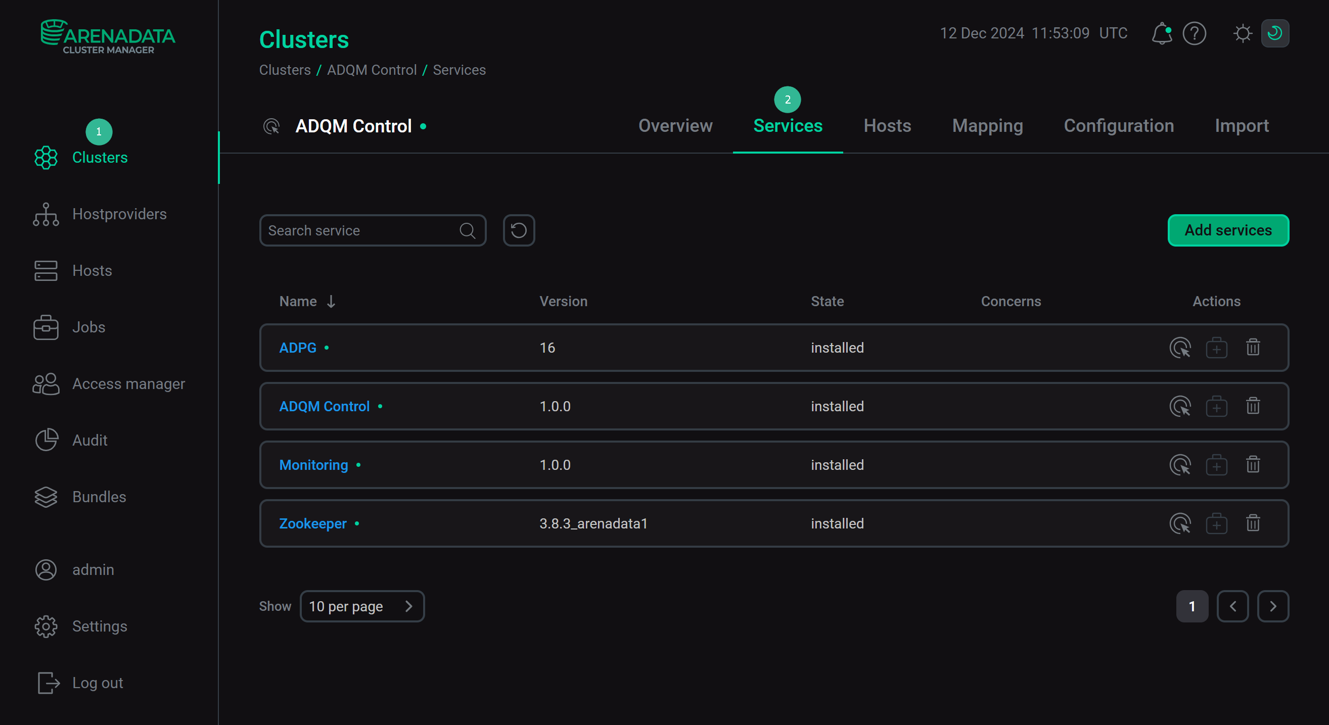 Services of an ADQM Control cluster in the ADCM interface