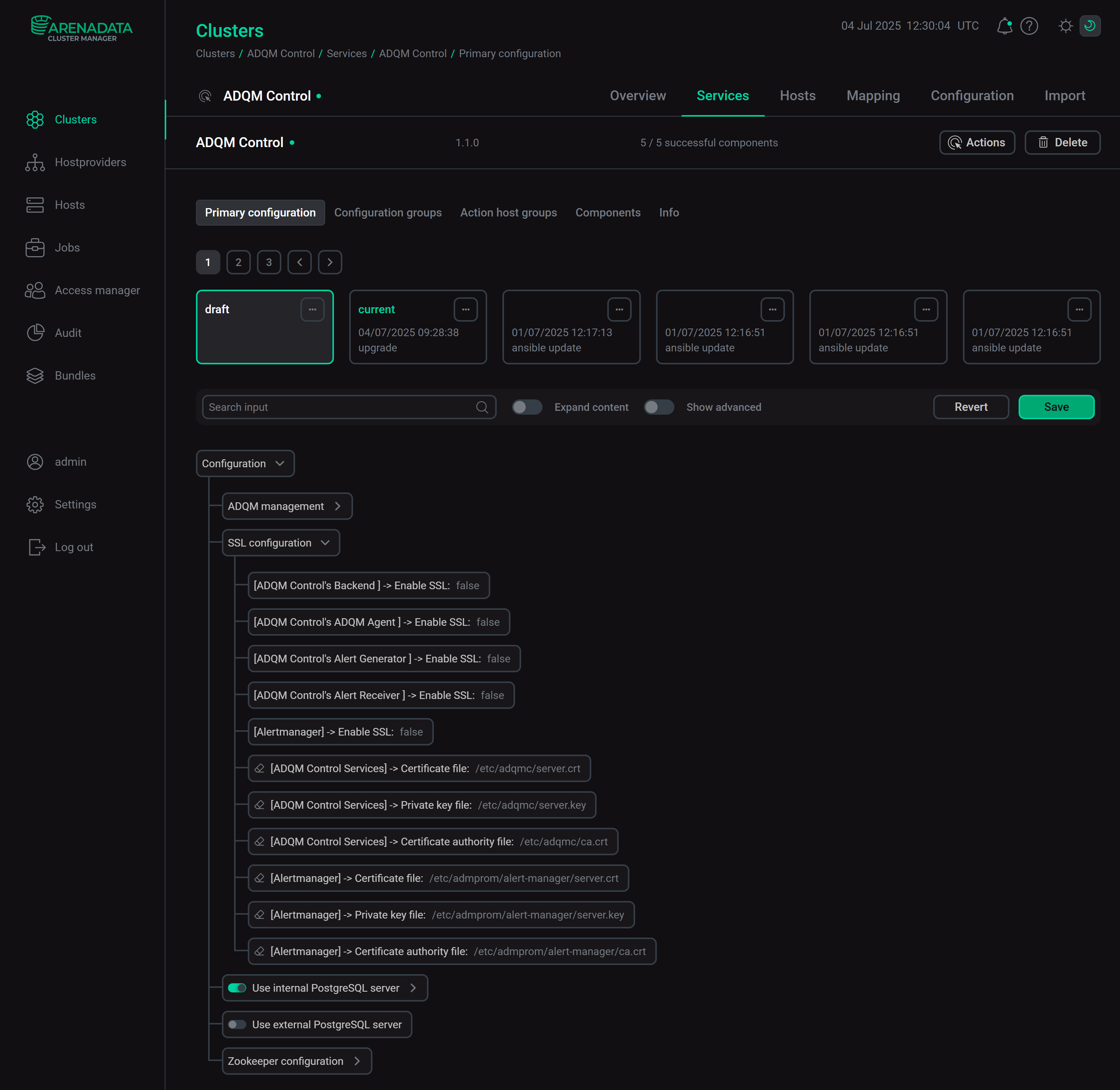 Configuration parameters of the ADQM Control service to check SSL certificates of connections