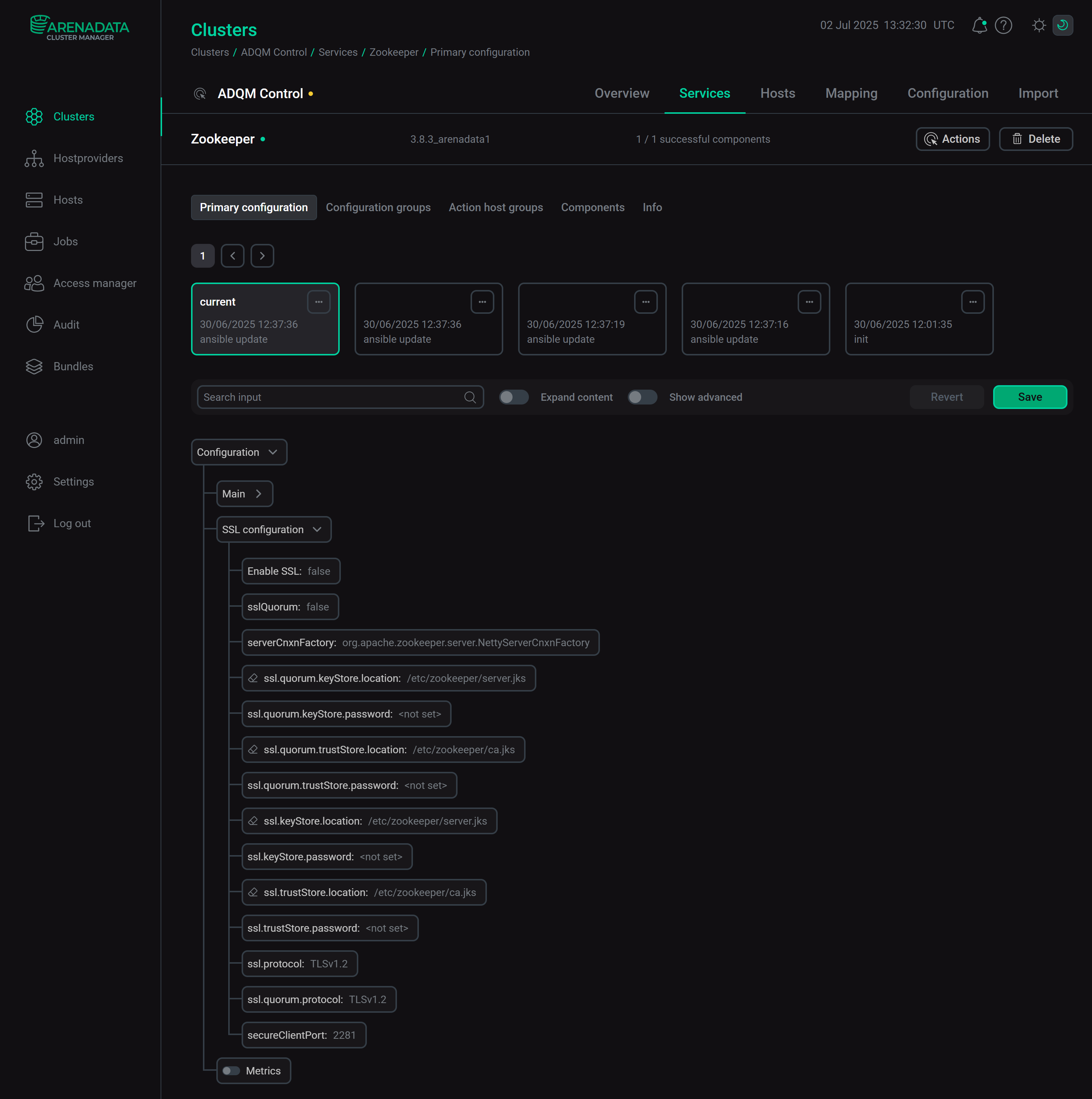 Zookeeper service configuration parameters for SSL connections