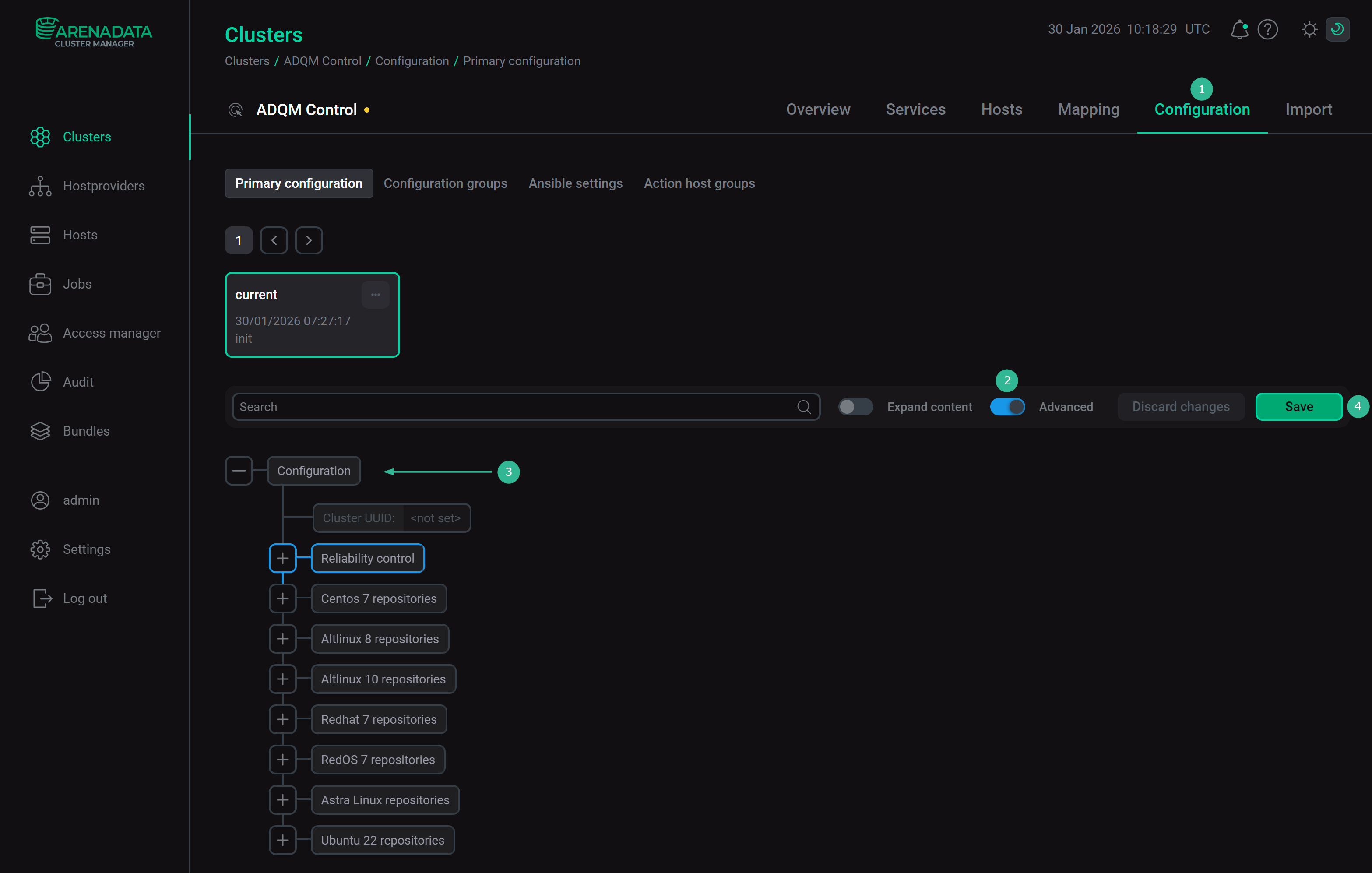 Cluster configuration window