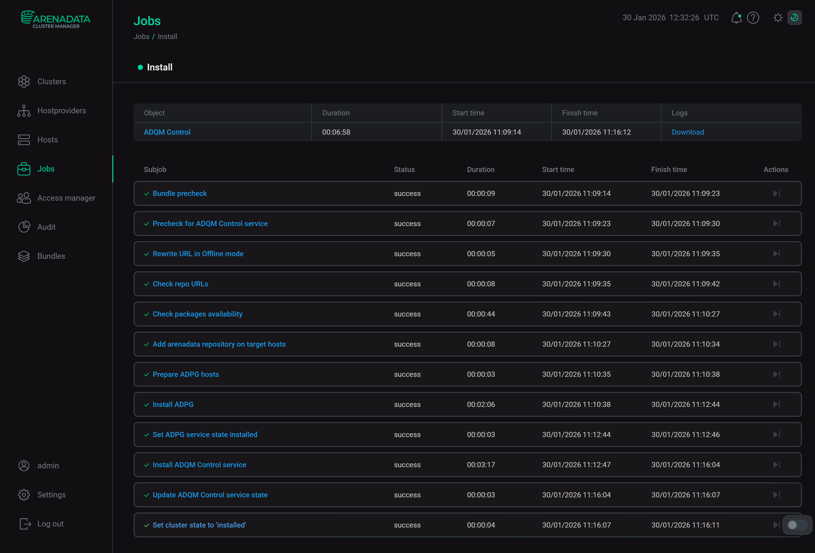 Install cluster job page