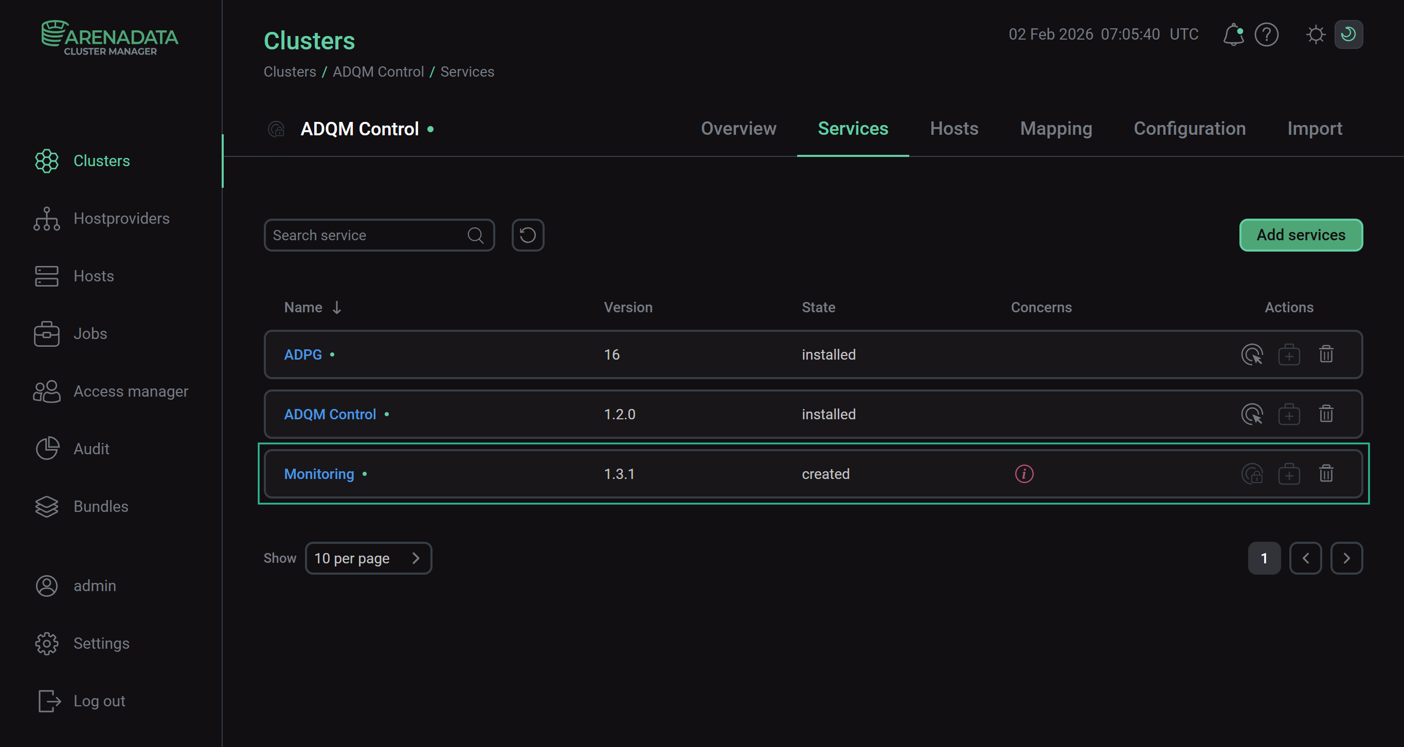 The result of successfully adding the service to the cluster