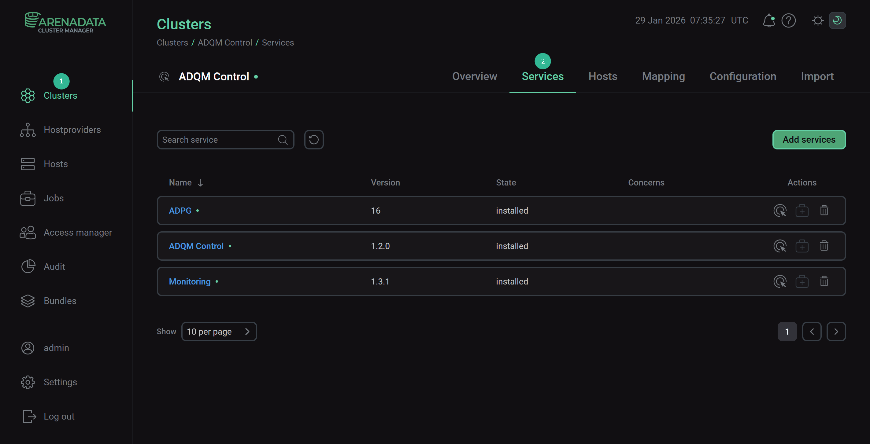 Services of an ADQM Control cluster in the ADCM interface