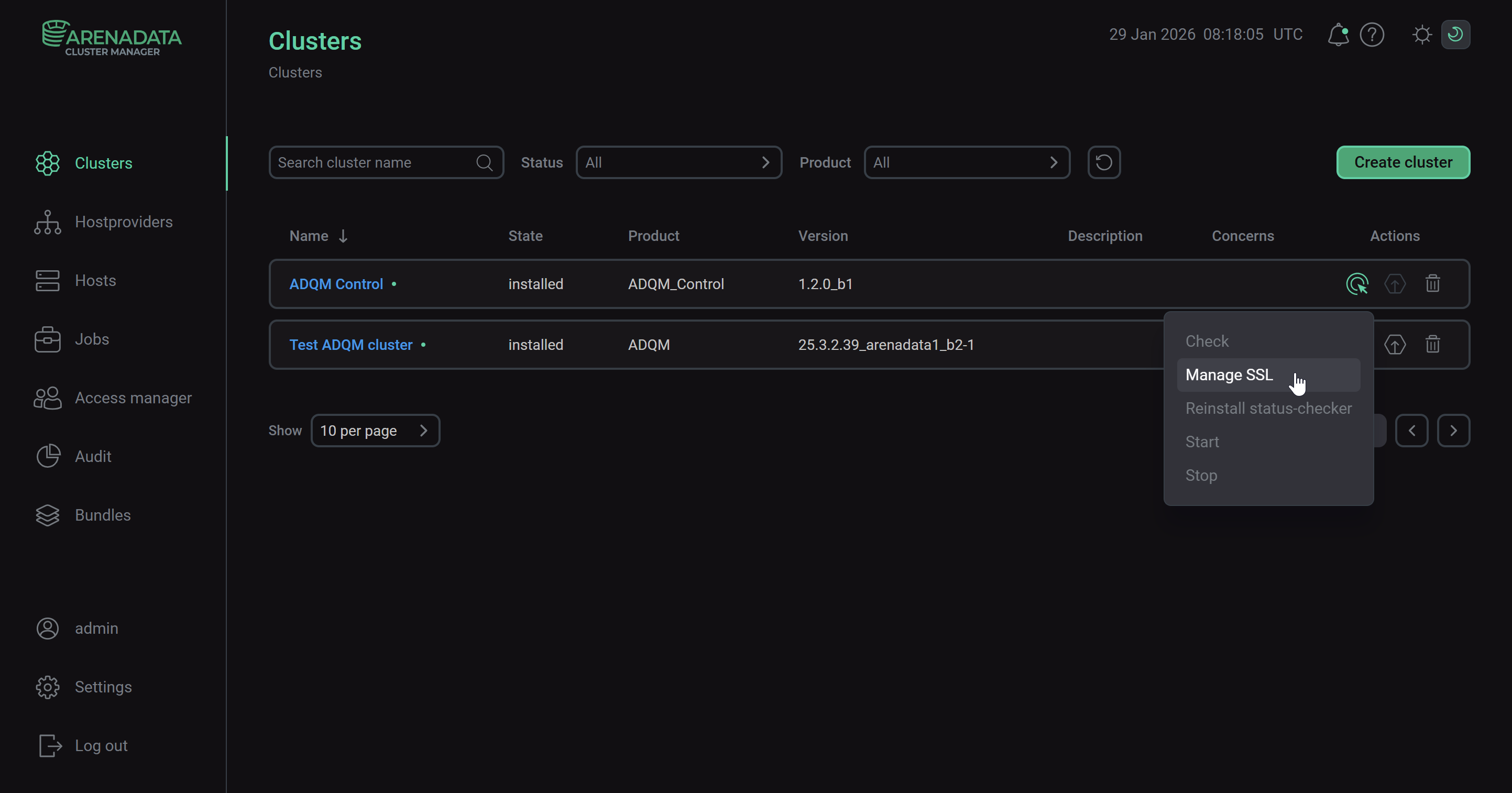 Launch the Manage SSL action
