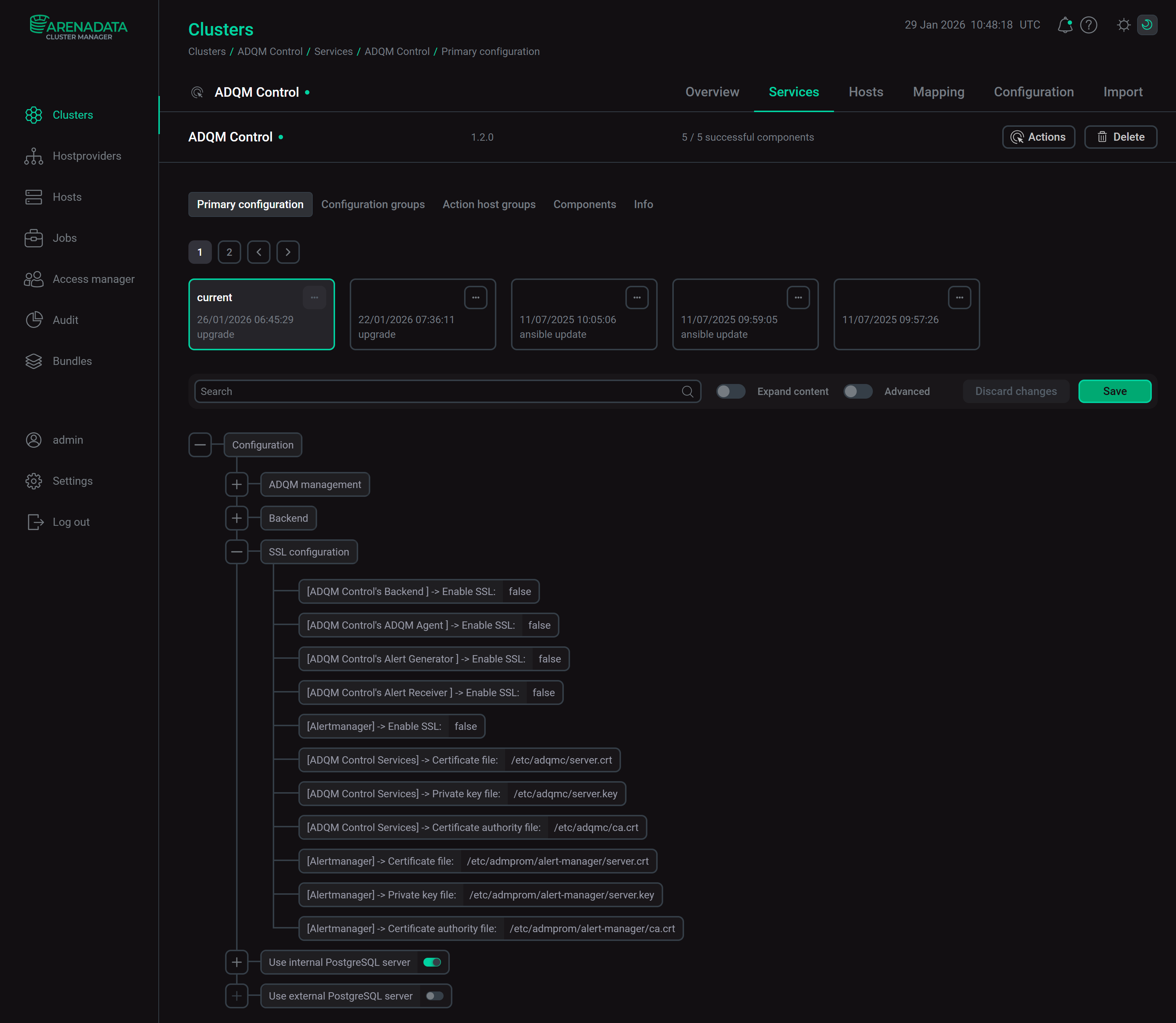 Configuration parameters of the ADQM Control service to check SSL certificates of connections