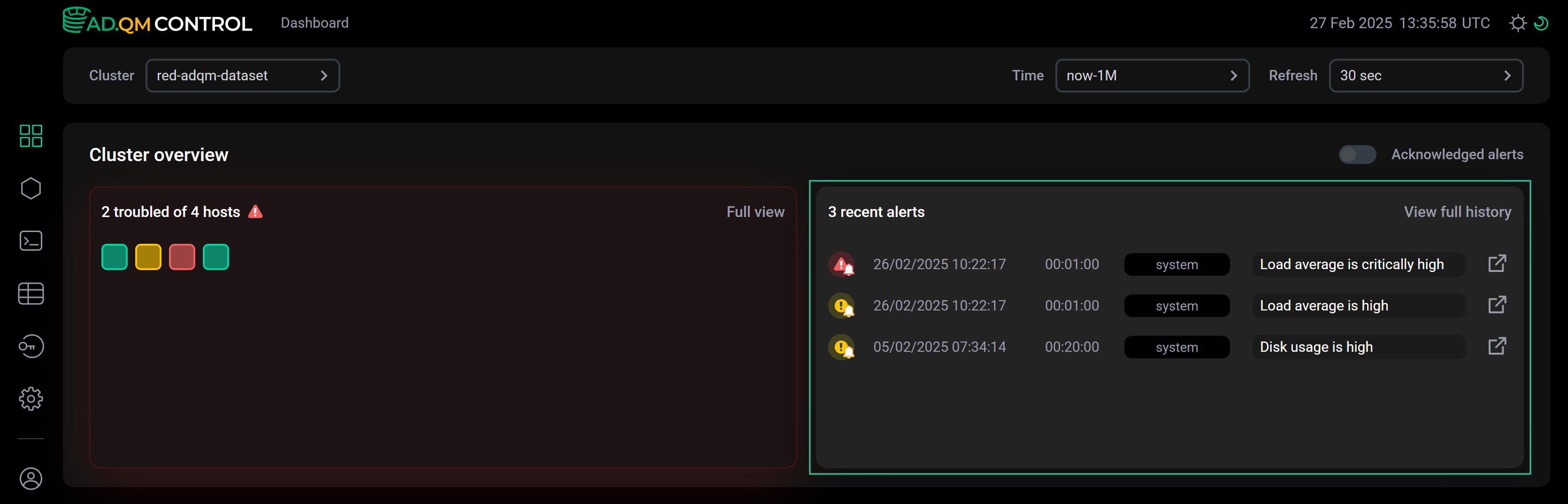 Recent alerts on the Dashboard page