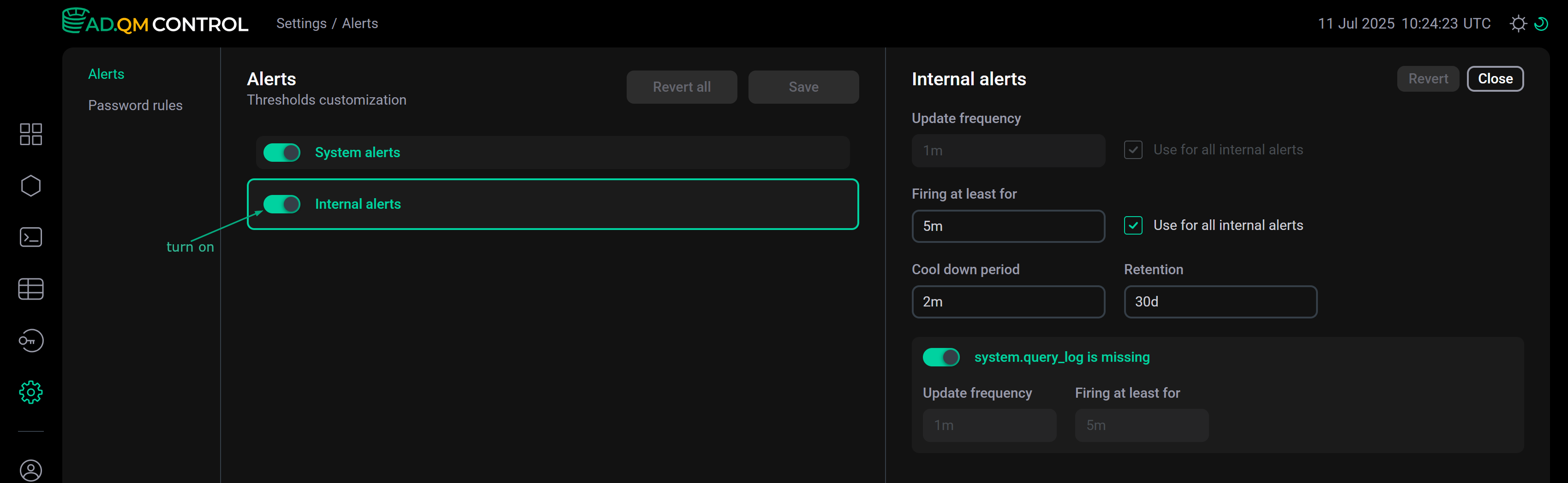 Configure internal alerts