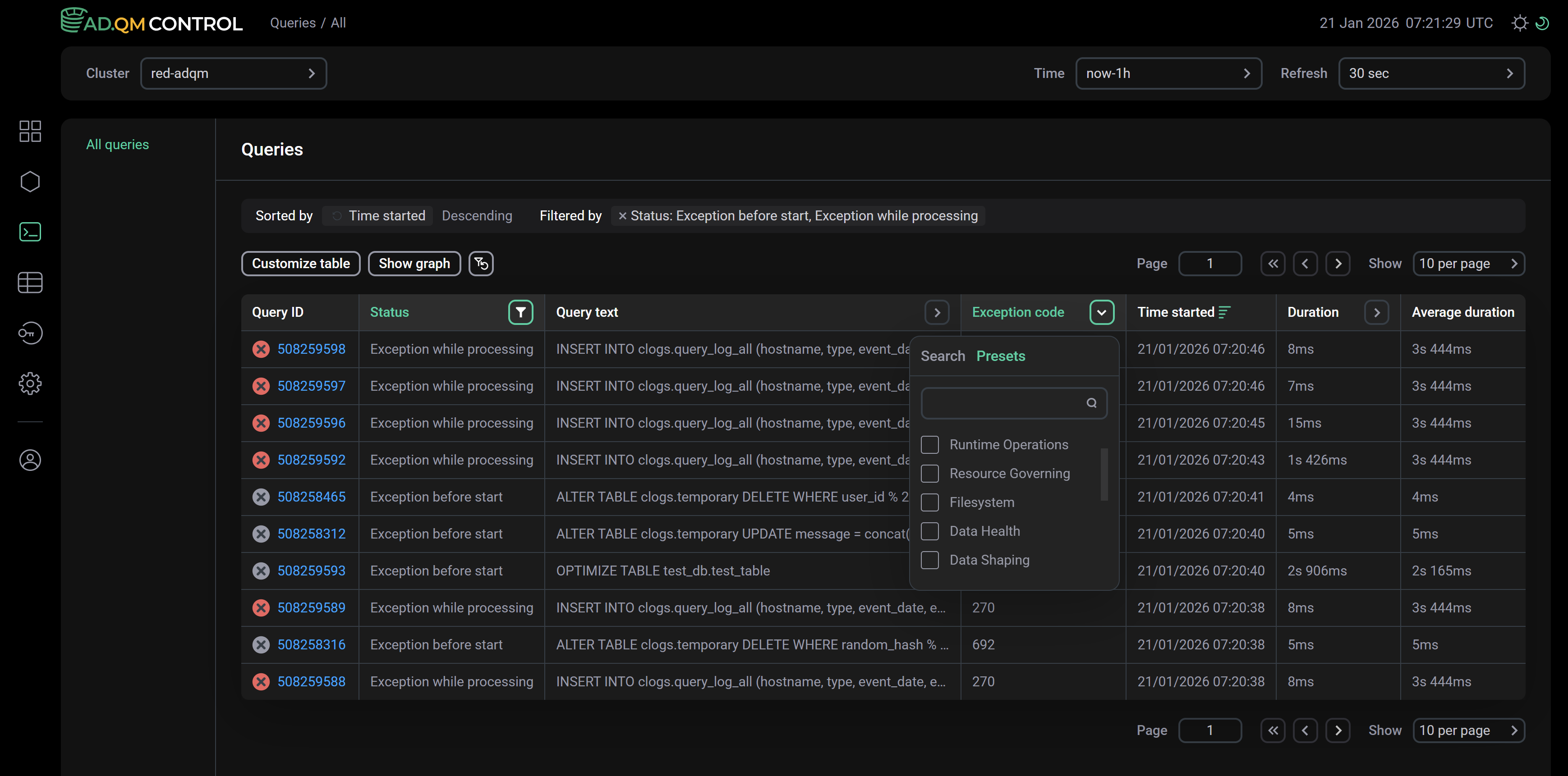 The Presets tab of the query filter by error codes