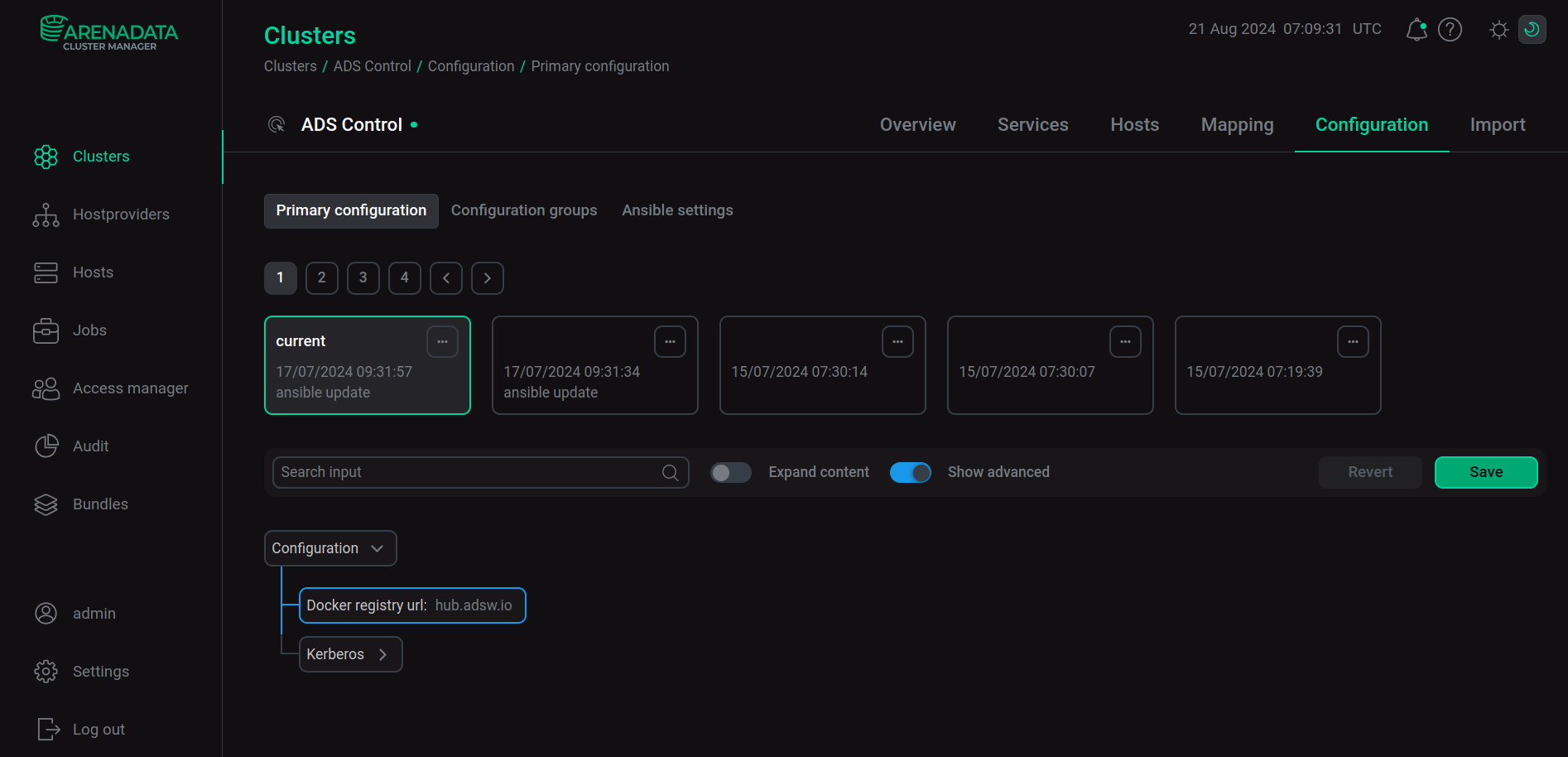 Cluster configuration window