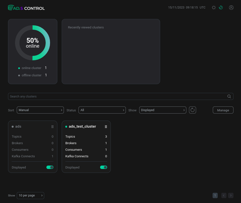 ADS clusters in the ADS Control interface